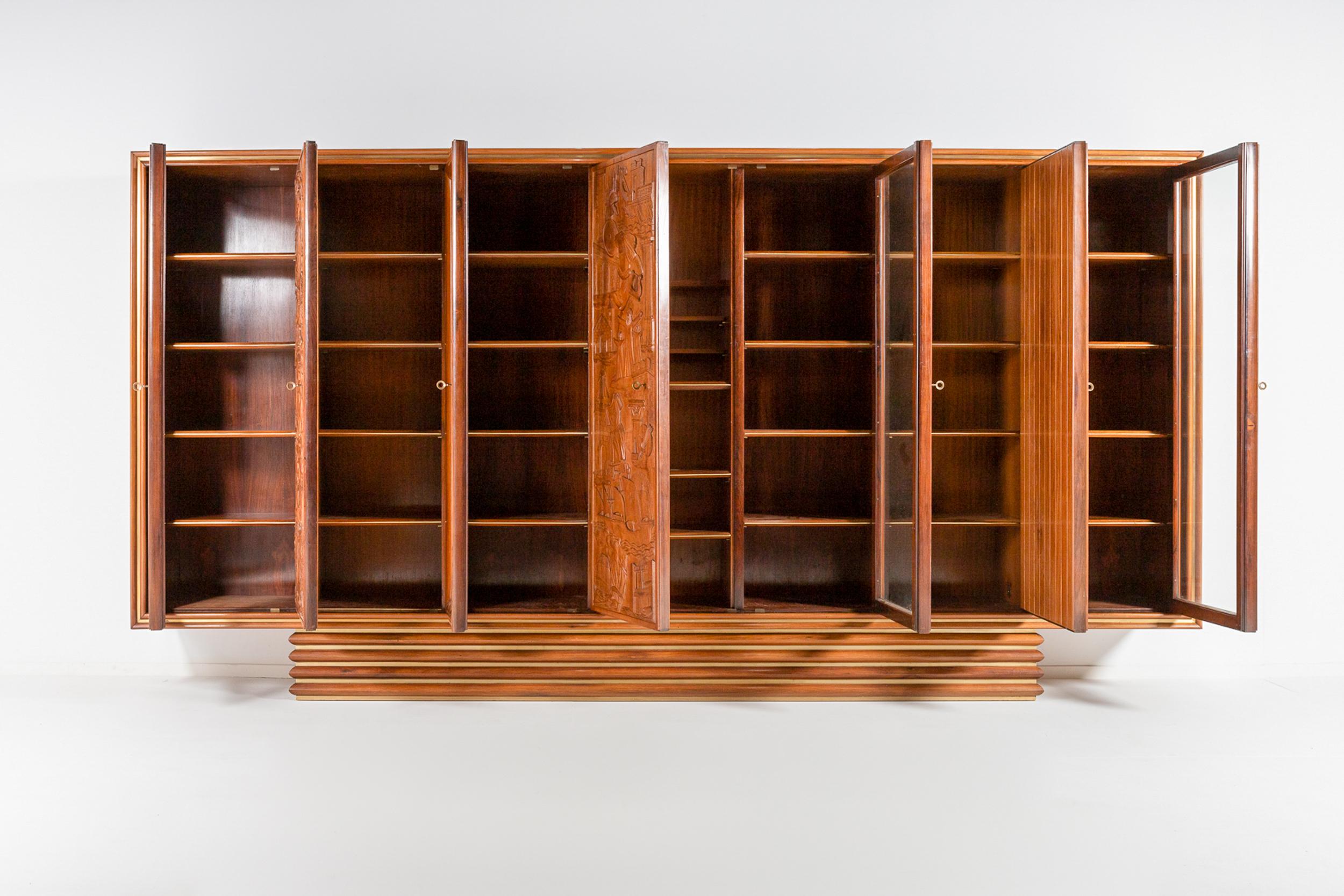Mid-20th Century Exquisite Large Italian Carved Walnut and Rosewood Display Cabinet For Sale