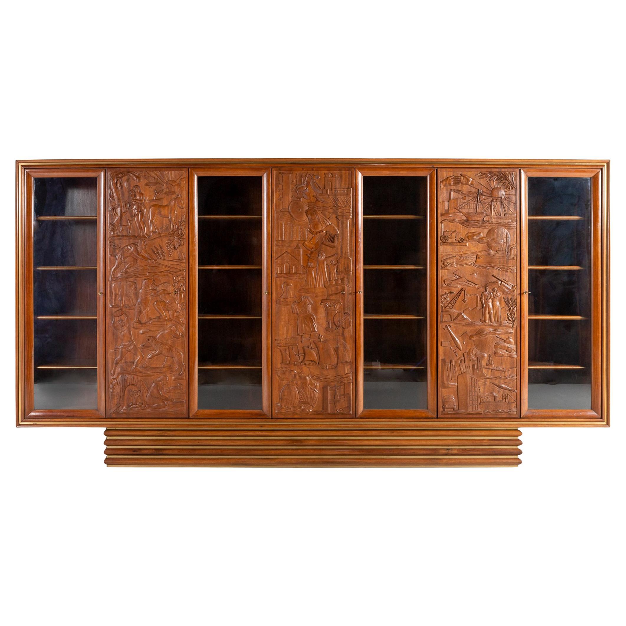 Exquisite Large Italian Carved Walnut and Rosewood Display Cabinet