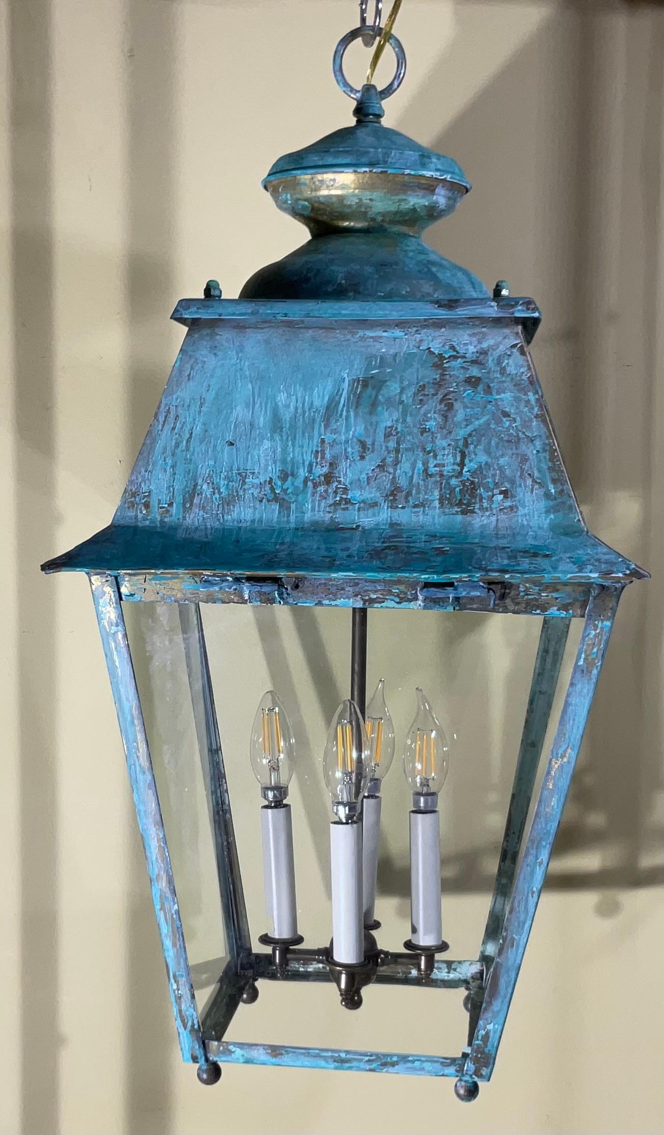 American Exquisite Large Vintage Solid Brass Hanging Lantern  15”x15”x29” For Sale