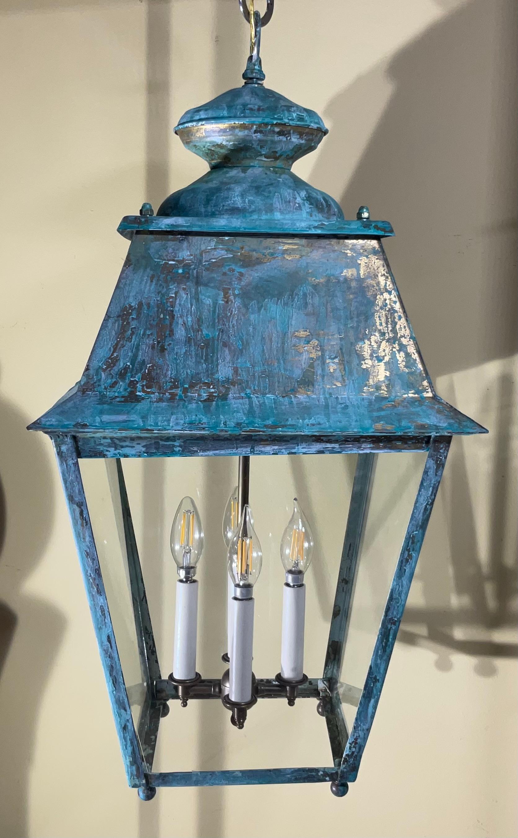 Hand-Crafted Exquisite Large Vintage Solid Brass Hanging Lantern  15”x15”x29” For Sale