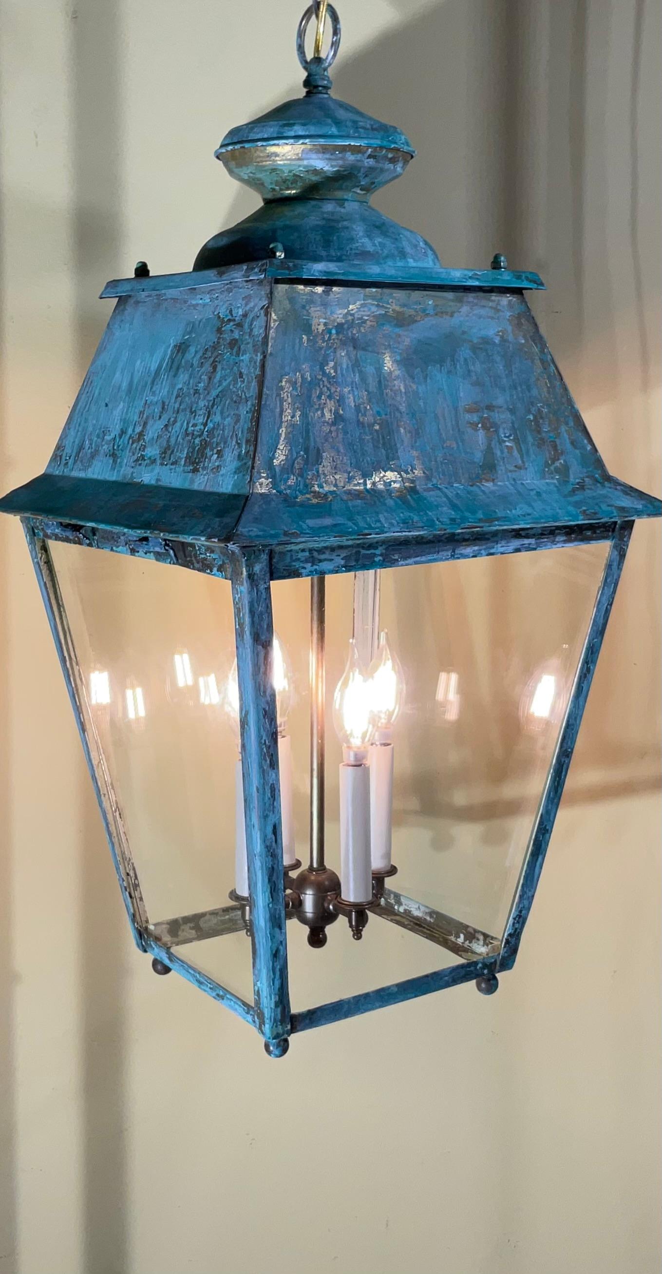 Exquisite Large Vintage Solid Brass Hanging Lantern  15”x15”x29” In Good Condition For Sale In Delray Beach, FL