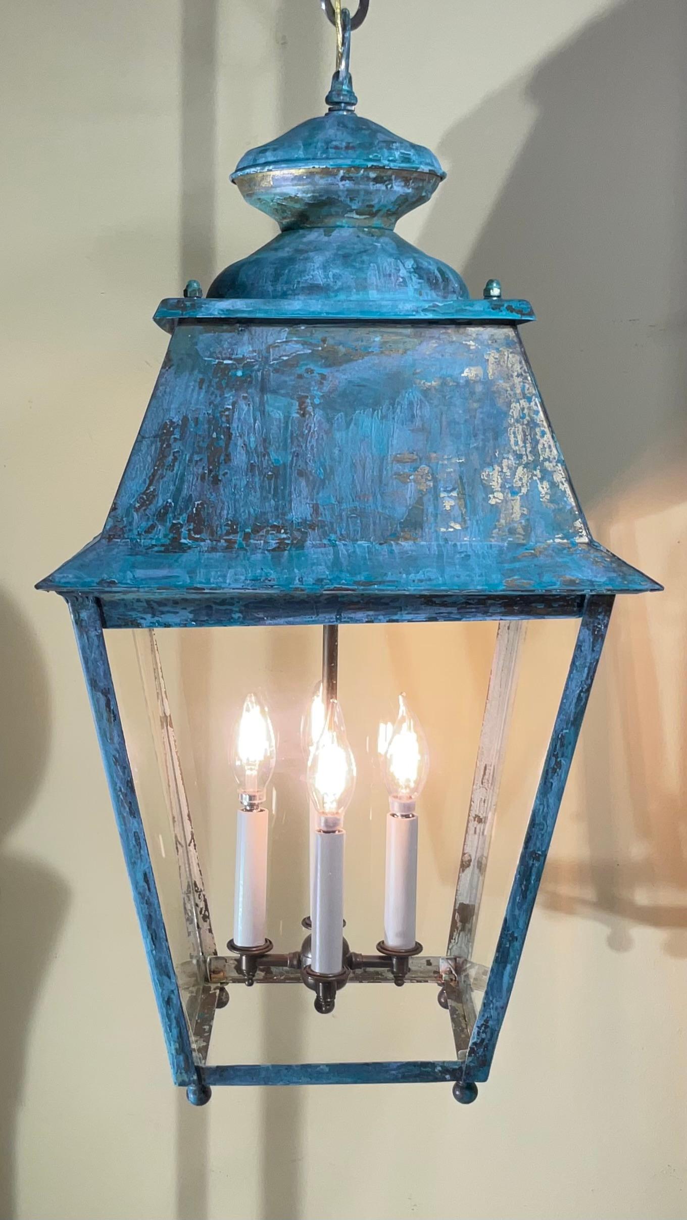 20th Century Exquisite Large Vintage Solid Brass Hanging Lantern  15”x15”x29” For Sale