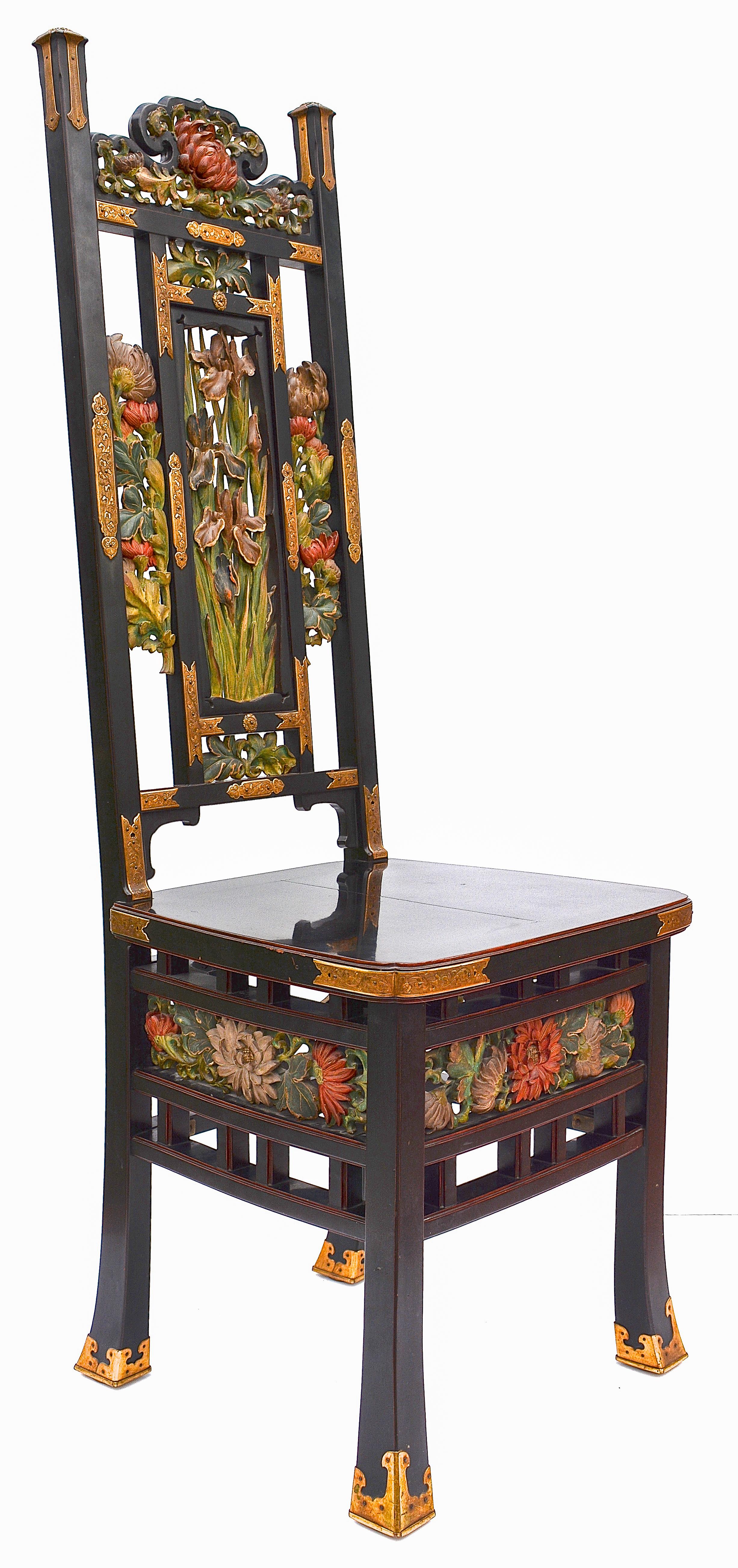 Exquisita silla japonesa de finales del siglo XIX con respaldo alto y laca negra en venta 10