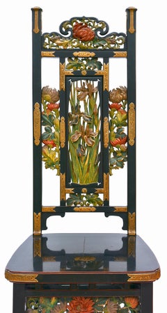 Exquisite Late 19th Century Japanese Black Lacquer High Back Side Chair