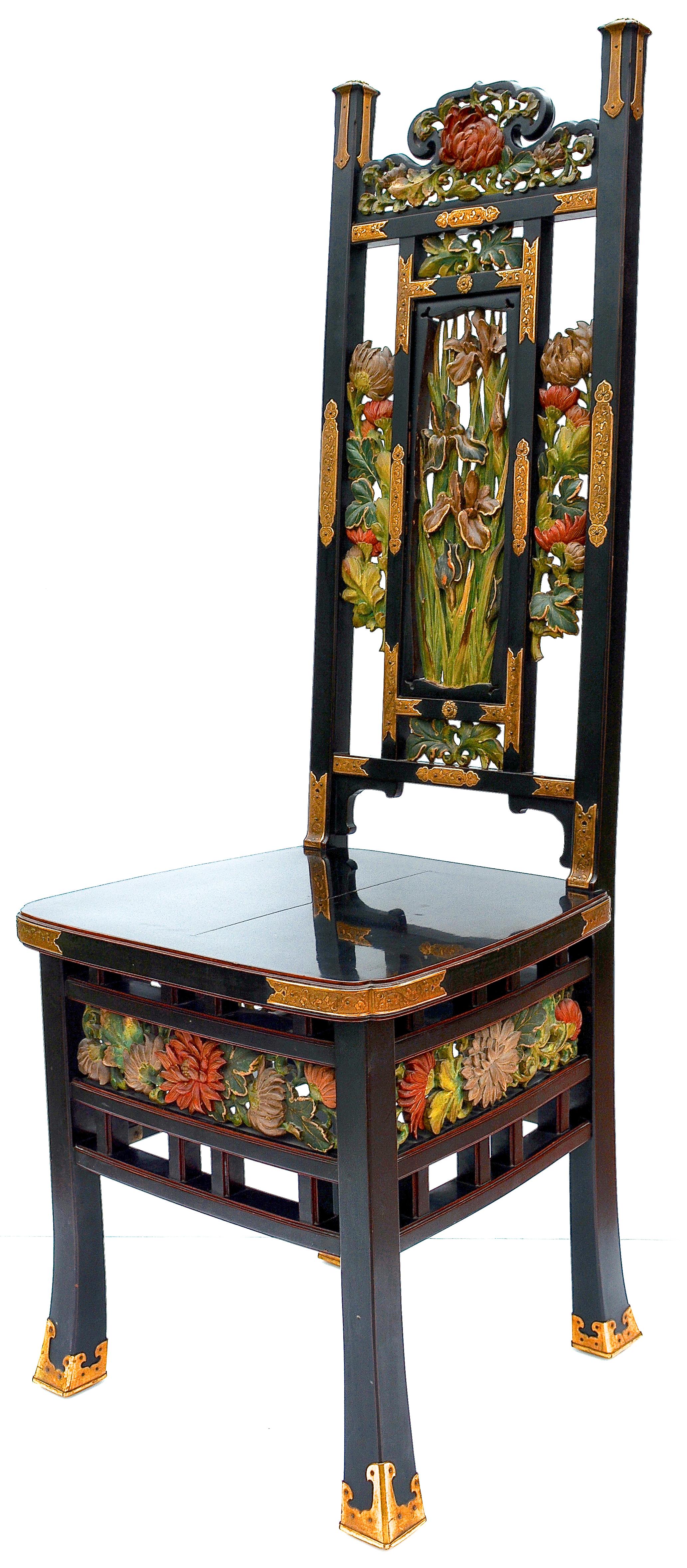 Exquisita silla japonesa de finales del siglo XIX con respaldo alto y laca negra en venta 1