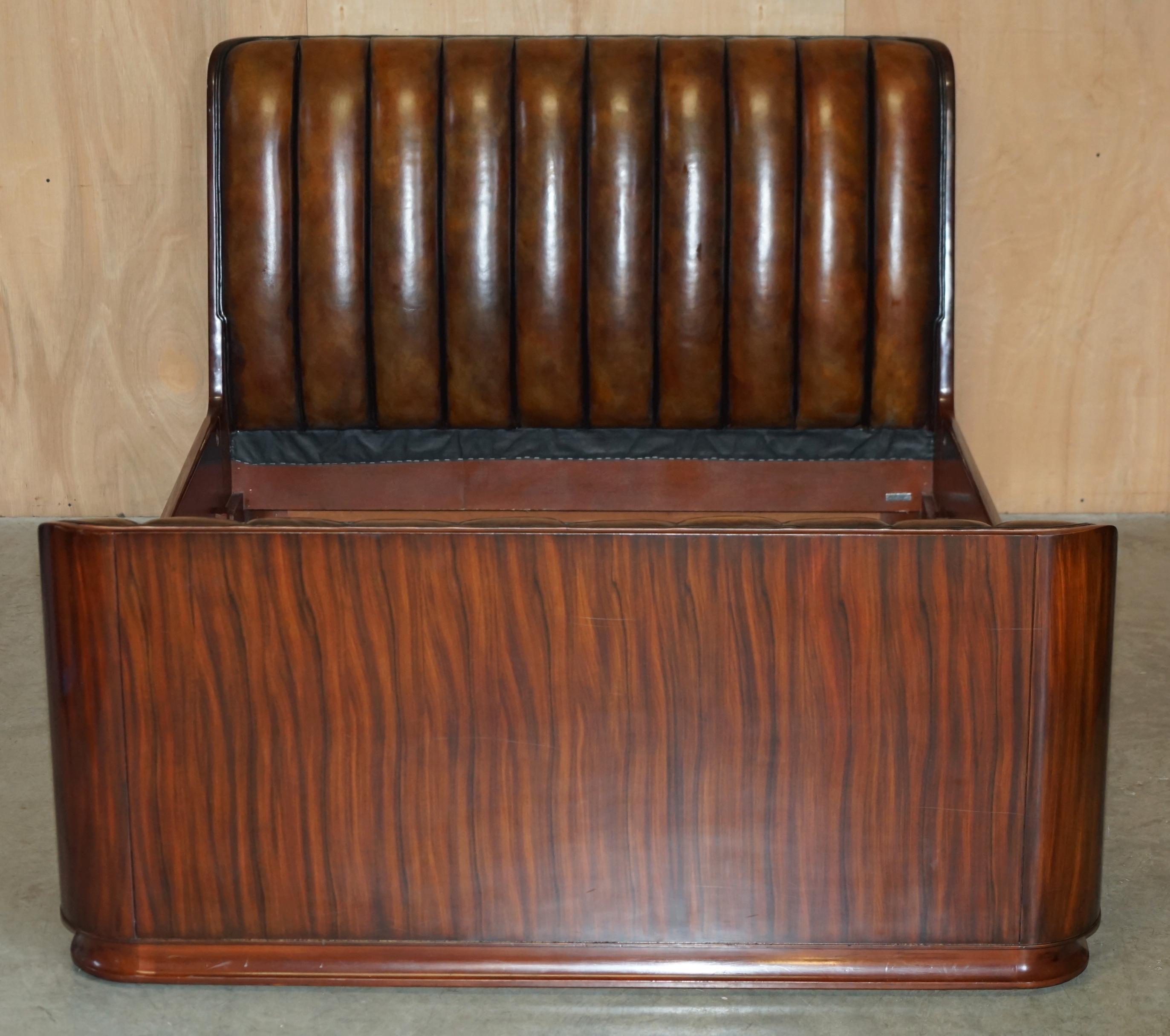 Royal House Antiques

Royal House Antiques is delighted to offer for sale this handmade in America, Ralph Lauren Modern Metropolis UK Queen size bed with Macassar Eboy frame and fully restored, hand dyed, Cigar Brown leather upholstery 

Please note