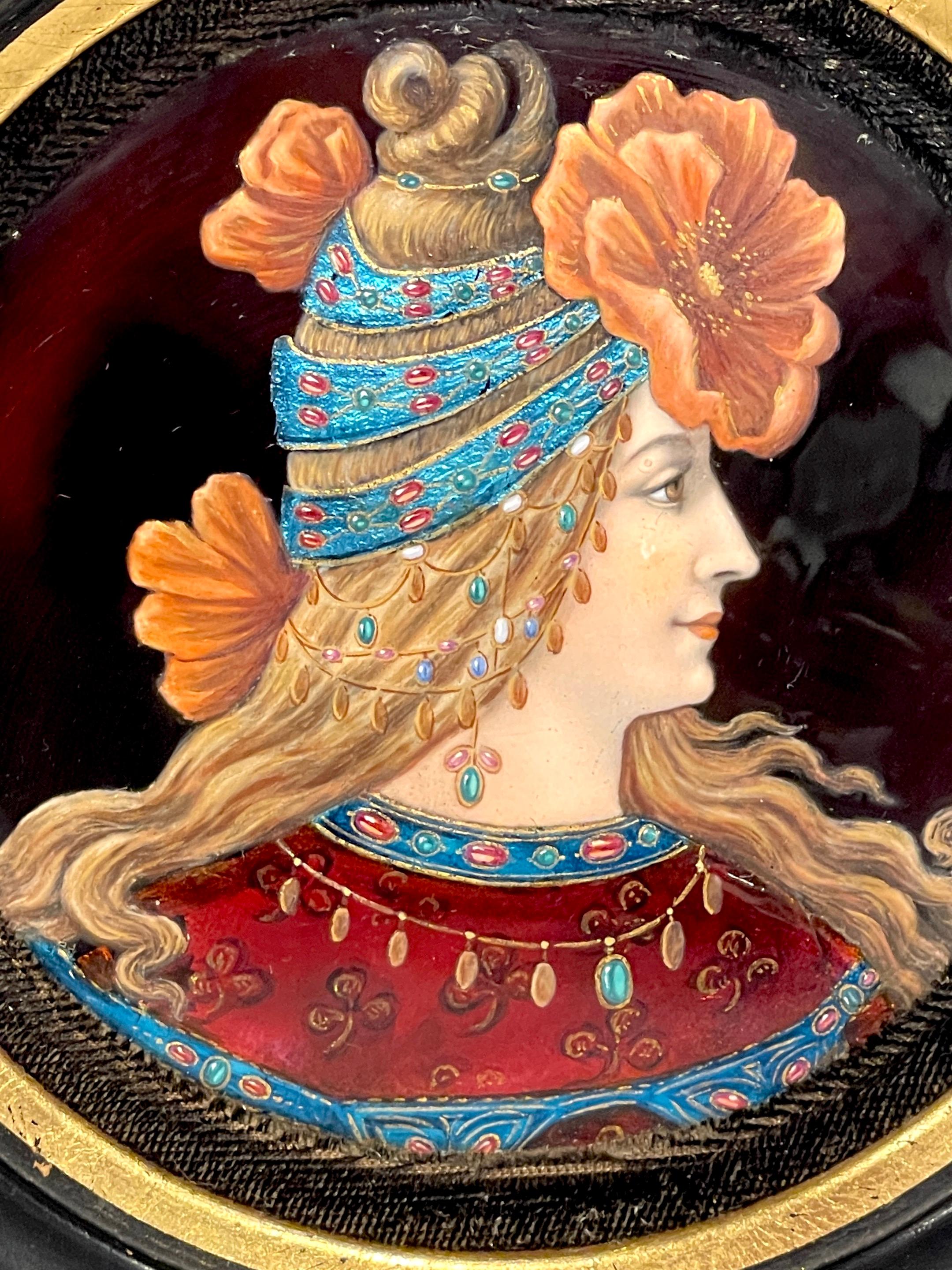 French Exquisite Limoges Enamel Portrait of a Floral Kokoshnik Beauty For Sale