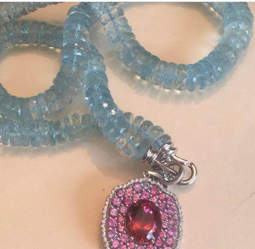 Contemporary Exquisite Magenta Tourmaline Purple Pink Blue Spinel Diamonds Gold Pendant
