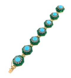 Squisito bracciale in malachite, turchese e diamanti con maglie in oro 14kt e argento