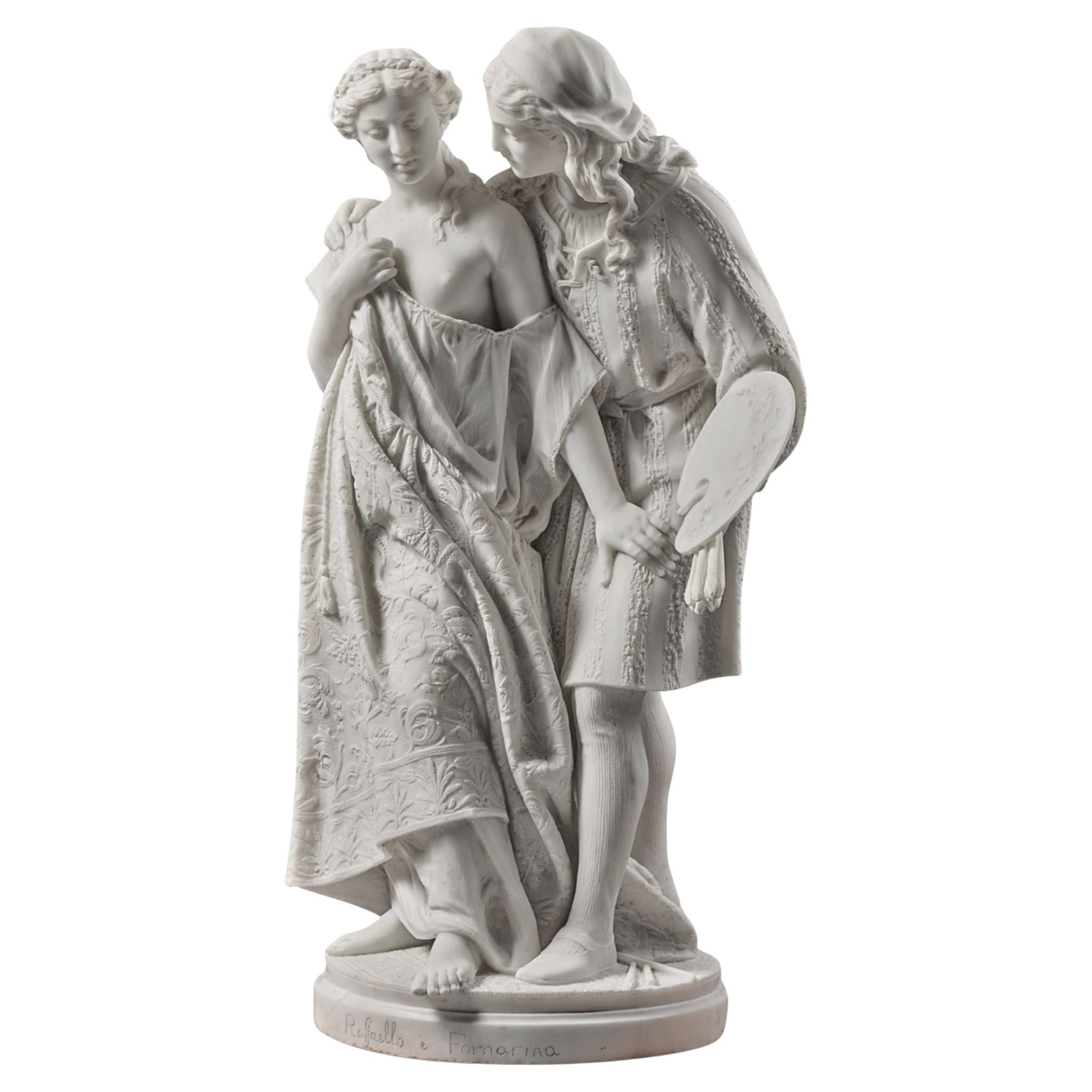 Exquisite Marmorstatue mit dem Titel "Raffaello und Fornarina" von Raffaello Romanelli