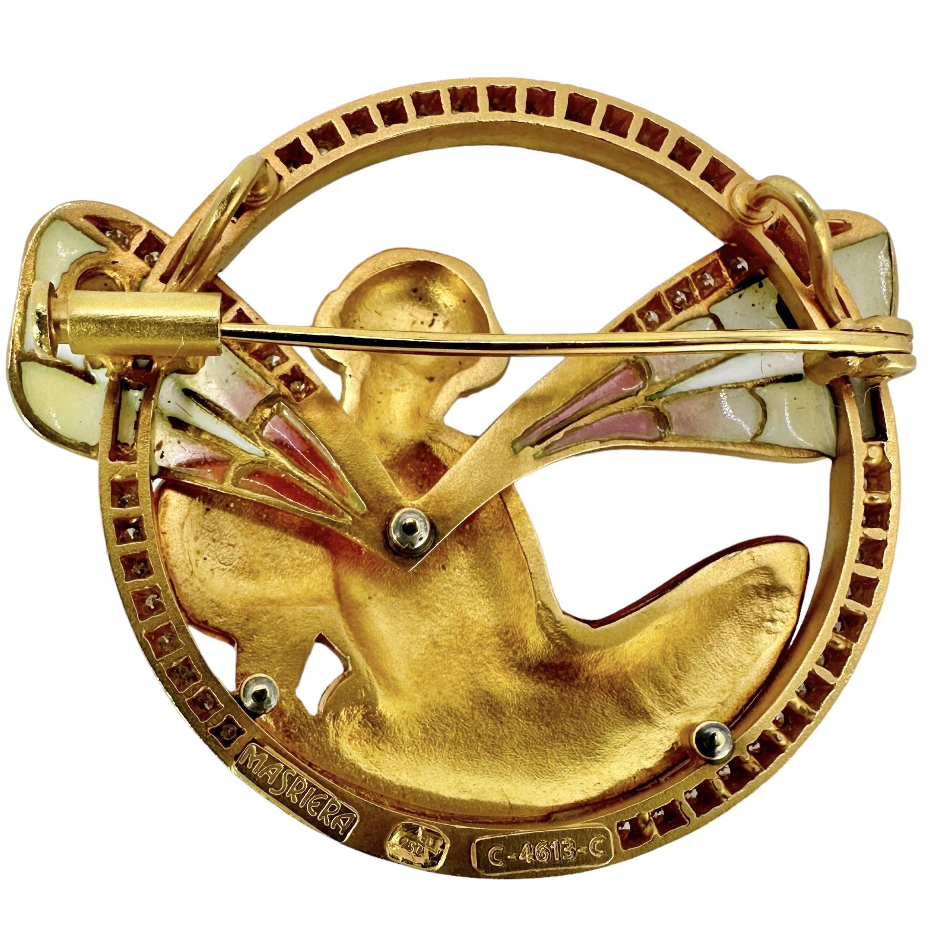 This absolutely elegant Art Nouveau tribute brooch was fabricated from the finest materials and crafted by master jewelers at the esteemed house of Masriera in Barcelona Spain, during the late 20th century. The image is of a winged nymph, depicted