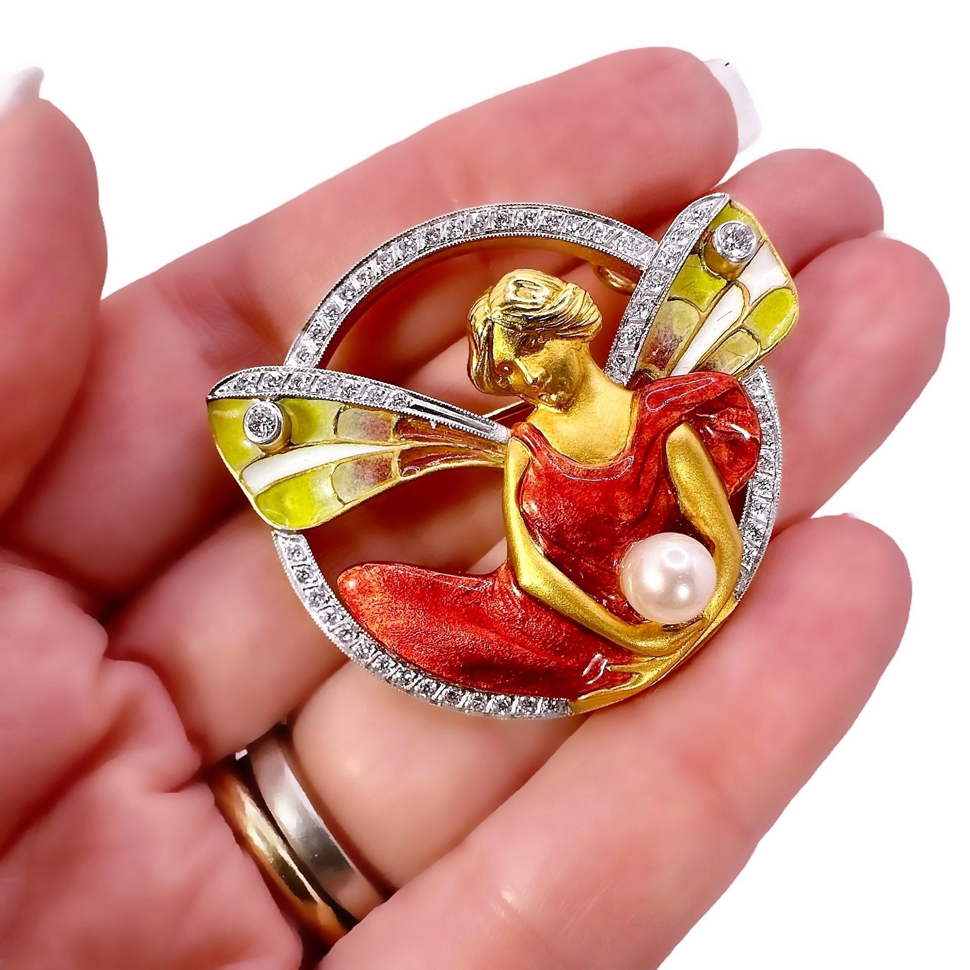 Women's Exquisite Masriera Mythological Nymph Brooch in Gold, Diamonds, Pearl and Enamel For Sale