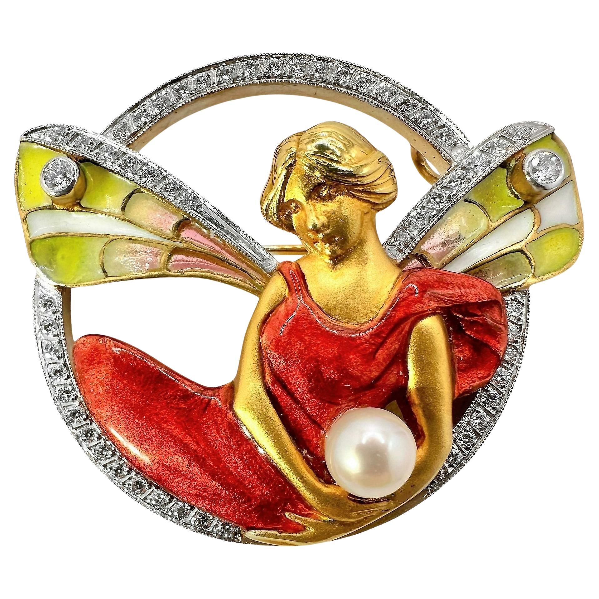 Magnifique broche mythologique de nymphes Masriera en or, diamants, perles et émail