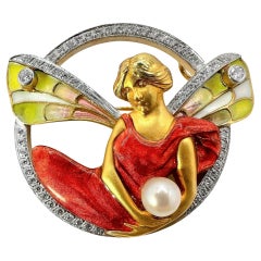 Vintage Exquisite Masriera Mythological Nymph Brooch in Gold, Diamonds, Pearl and Enamel
