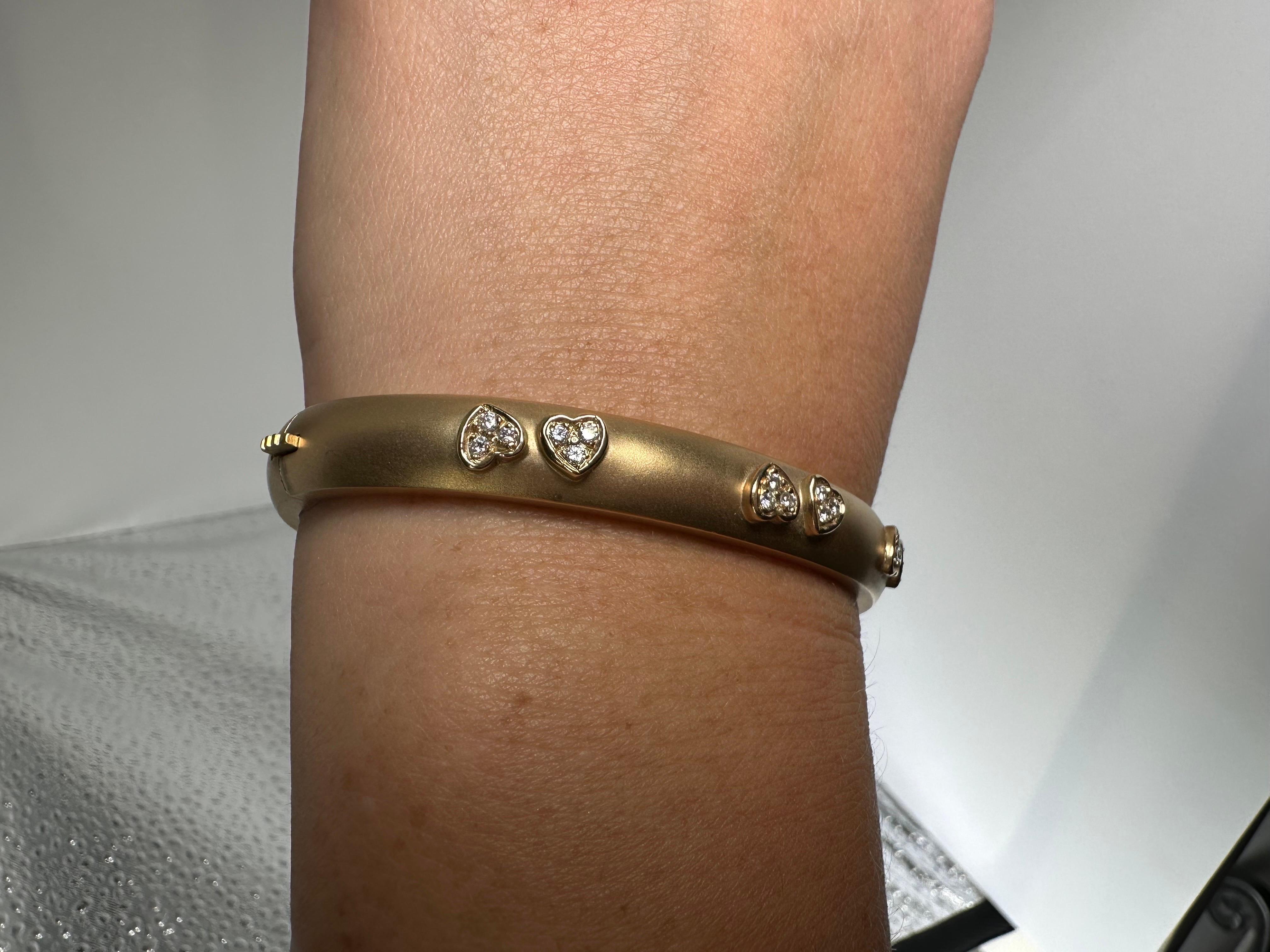 Exquisite matte finish heart diamond bangle 14KT yellow gold For Sale 4
