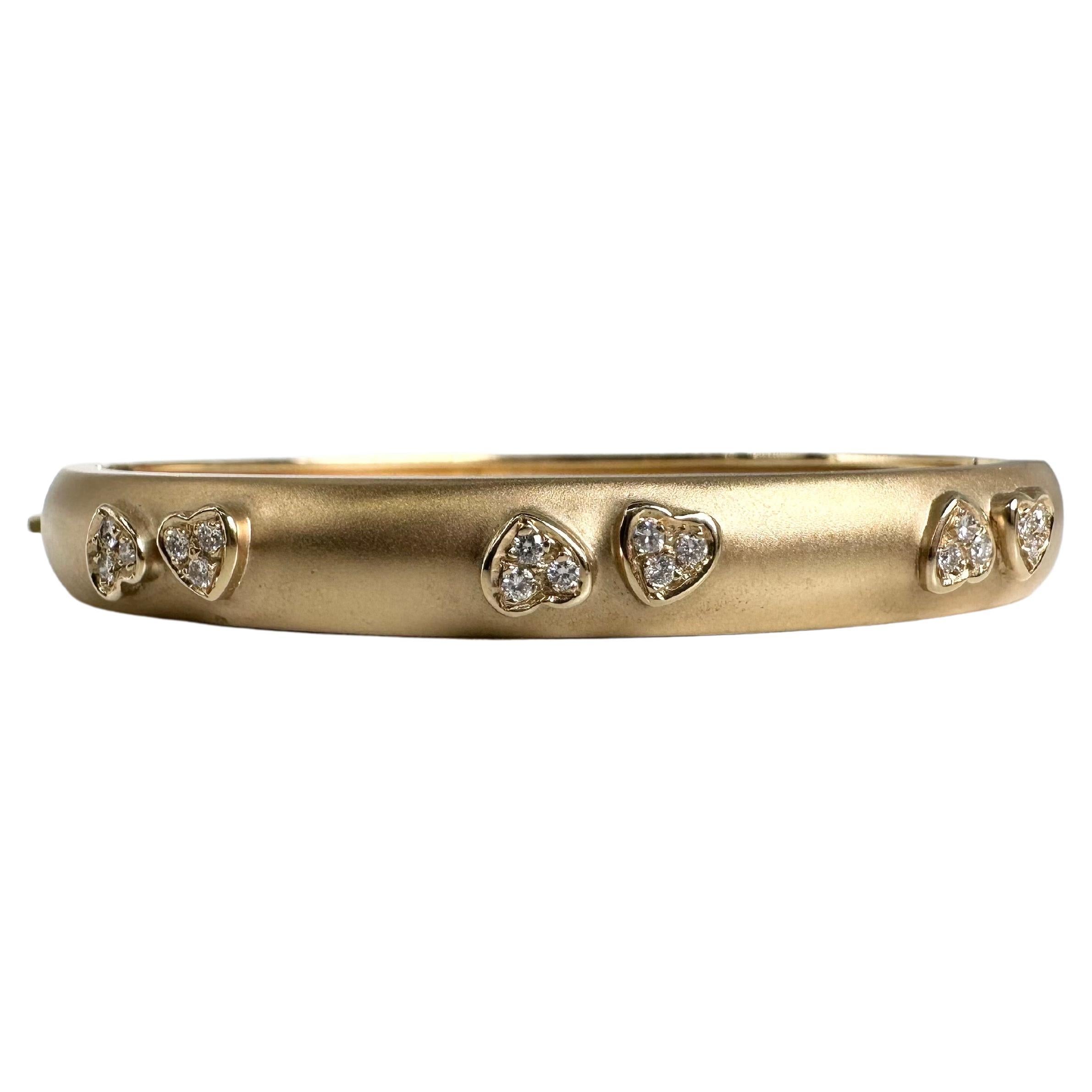 Exquisite matte finish heart diamond bangle 14KT yellow gold For Sale