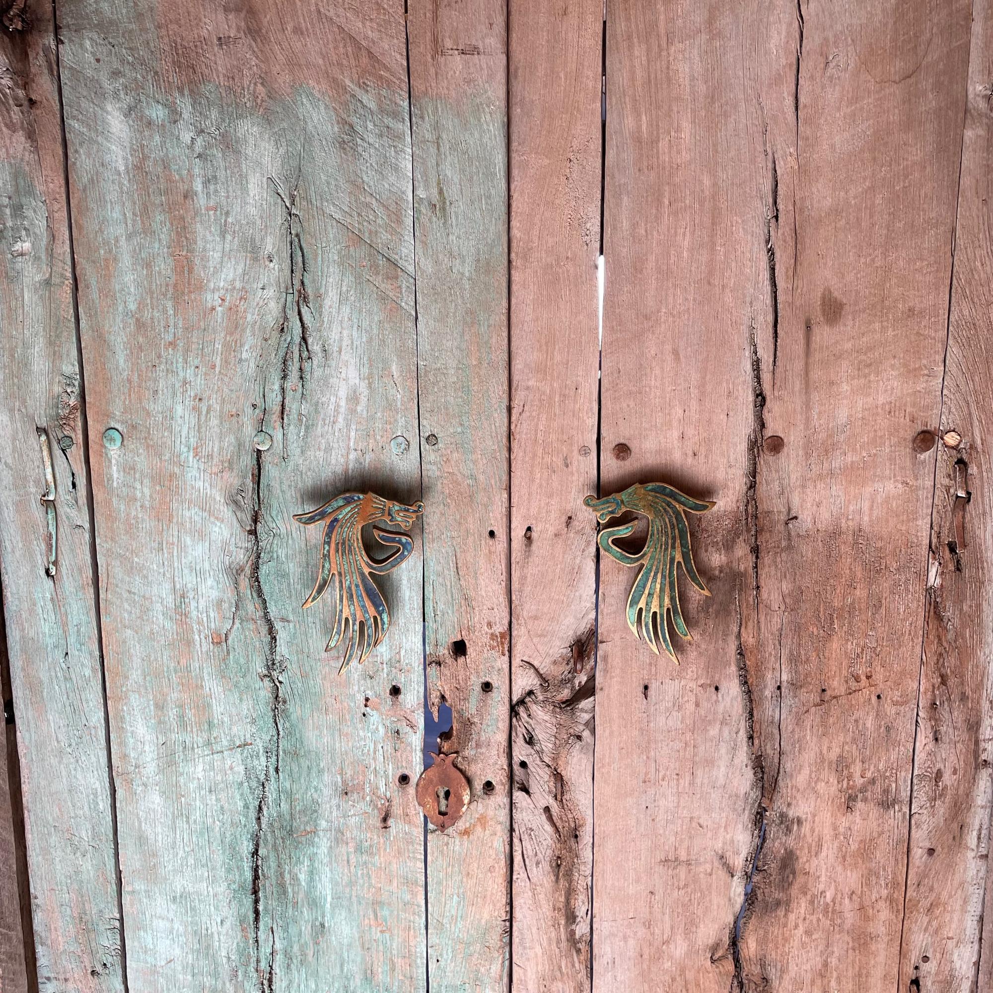 Exquisite Mexican Dragon Door Handle Set in Malachite Bronze Pepe Mendoza 1950s In Good Condition In Chula Vista, CA