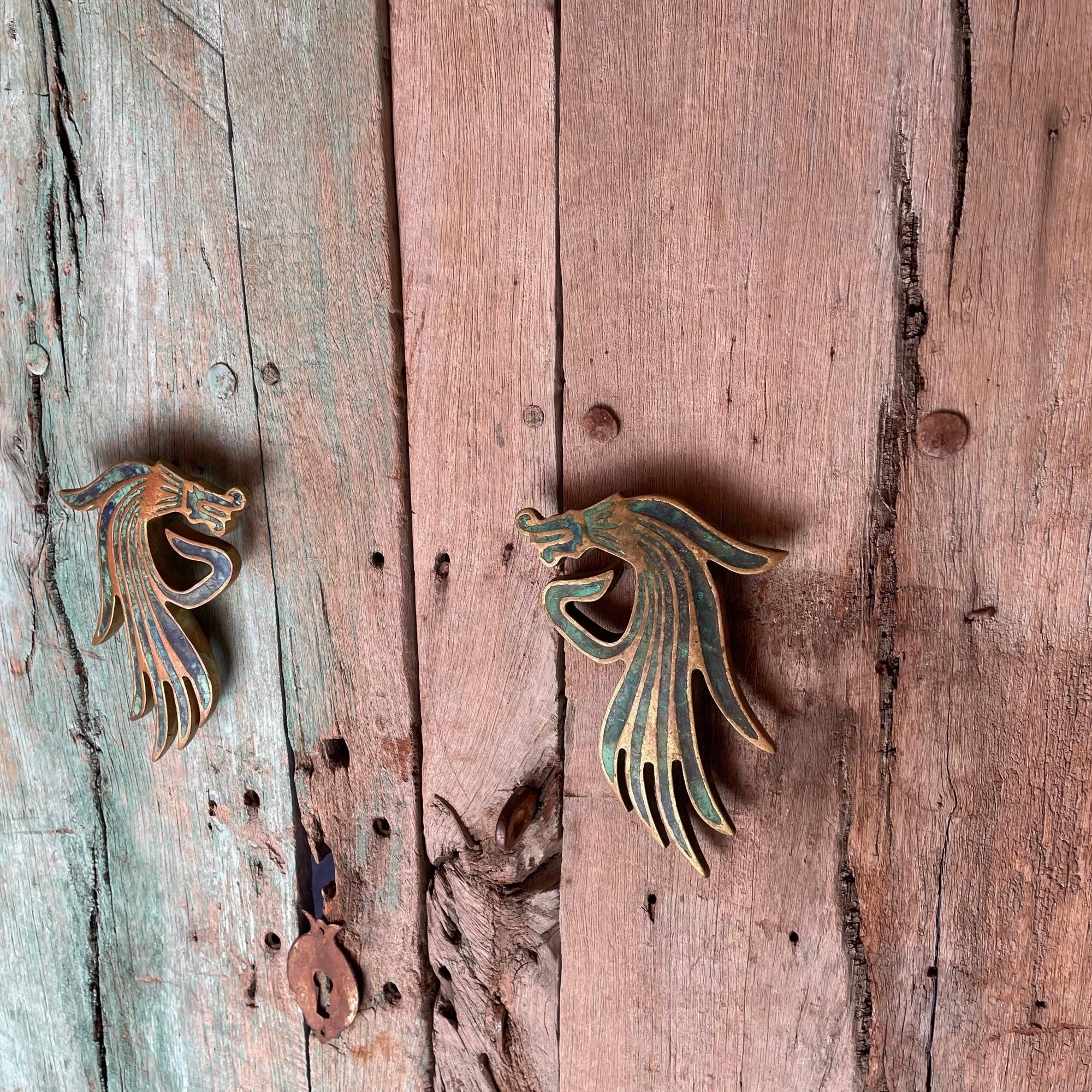 Mid-20th Century Exquisite Mexican Dragon Door Handle Set in Malachite Bronze Pepe Mendoza 1950s