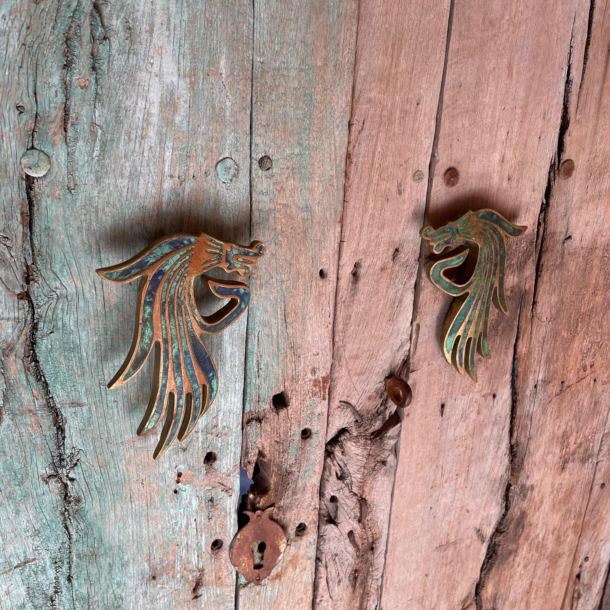 Exquisite Mexican Dragon Door Handle Set in Malachite Bronze Pepe Mendoza 1950s 1