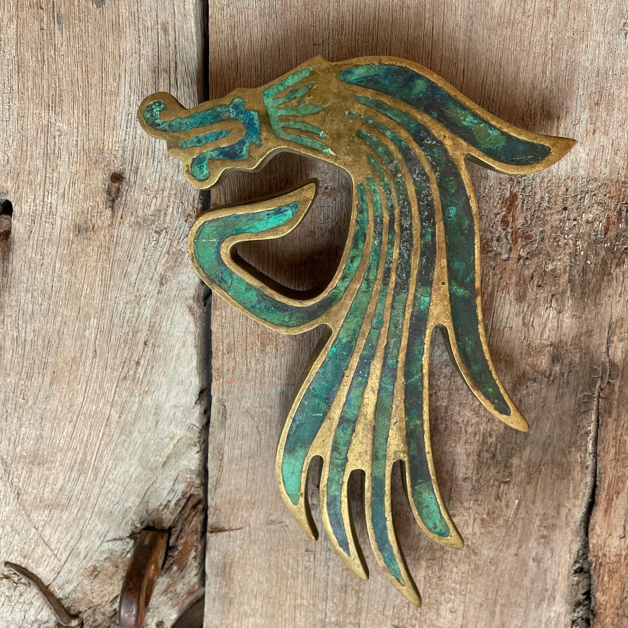 Exquisite Mexican Dragon Door Handle Set in Malachite Bronze Pepe Mendoza 1950s 2