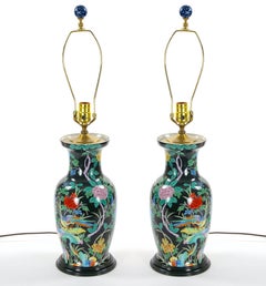 Exquisite Mid-20th Century Chinese Famille Noir Porcelain Table Lamp / Wood Base