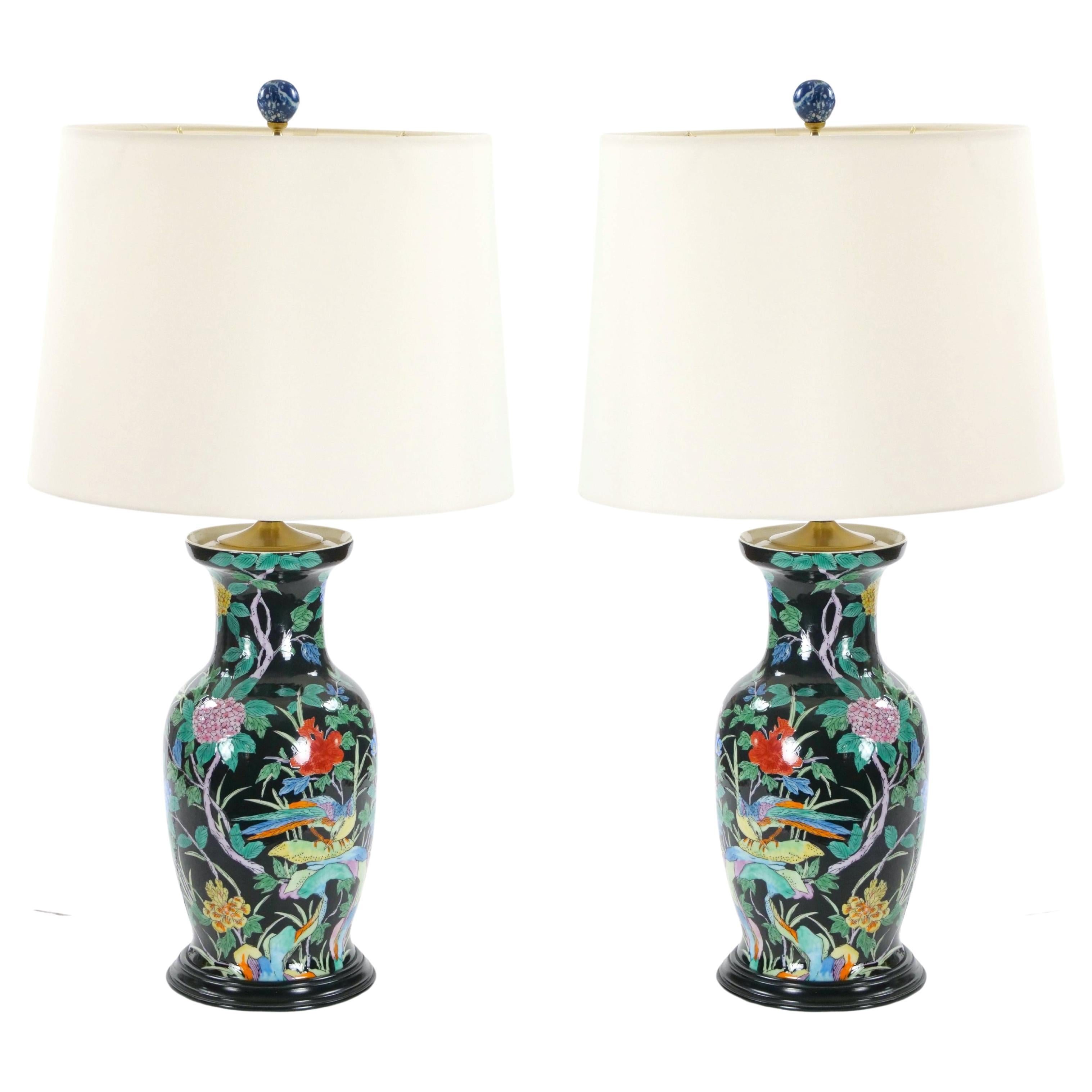 Exquisite Mid-20th Century Chinese Famille Noir Porcelain Table Lamp / Wood Base