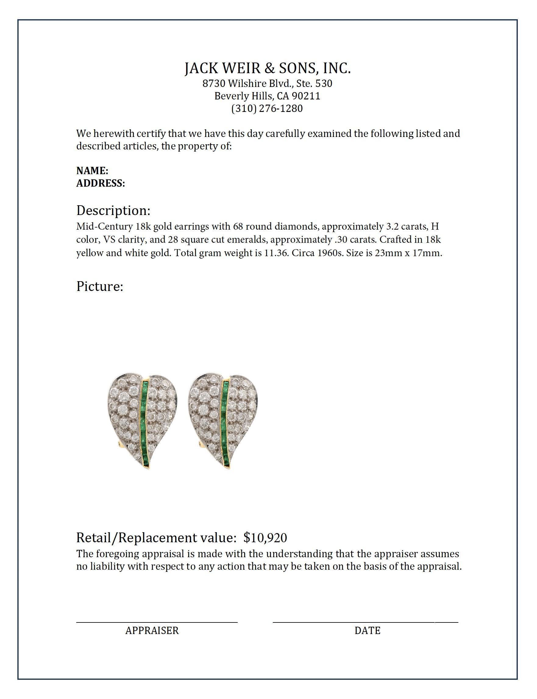 Exquisite Mid-Century 3.2 carat diamond emerald 18k gold earrings In Excellent Condition In Beverly Hills, CA