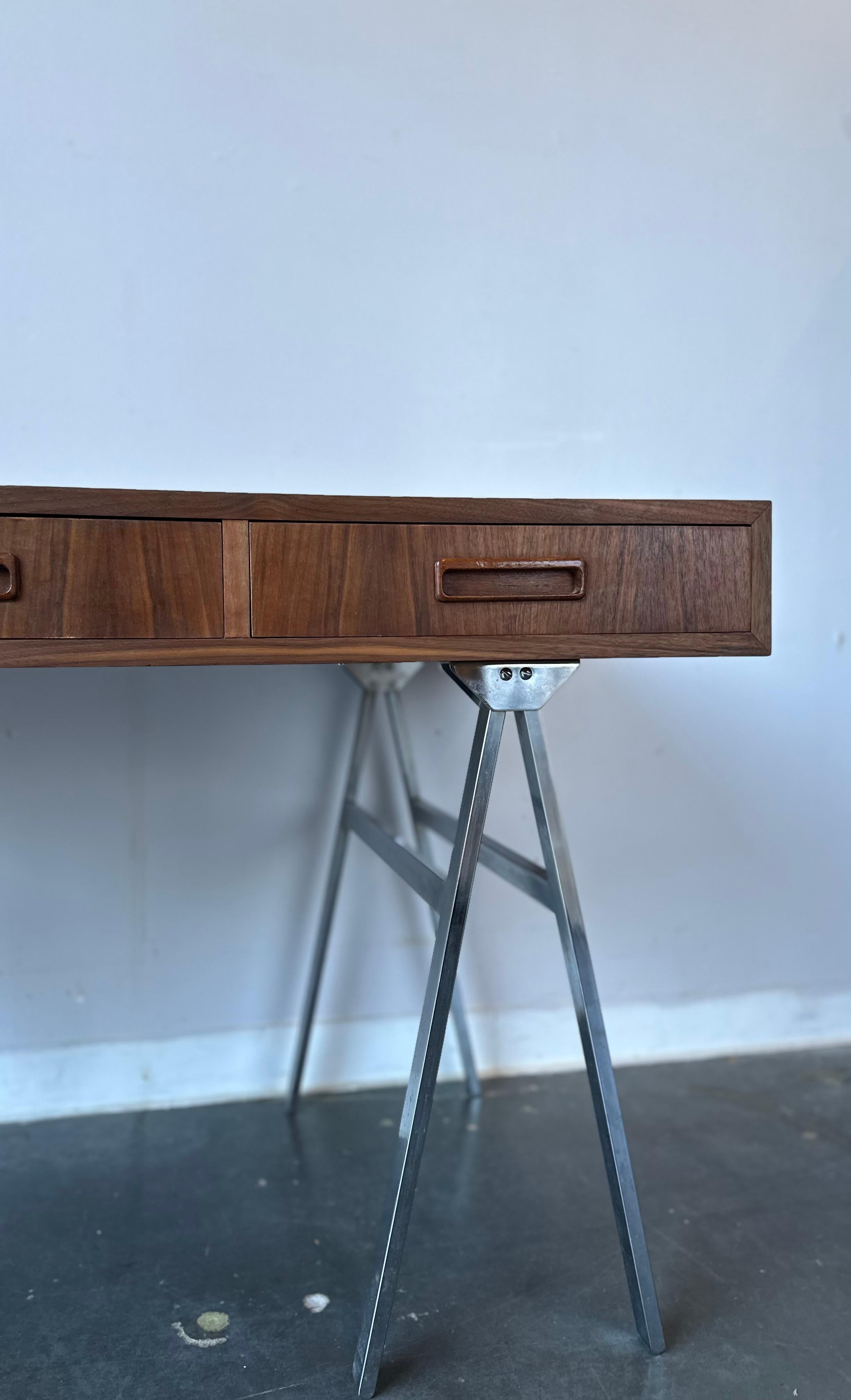 Mid-Century Modern Exquisite Mid Century Modern Walnut and Steel Sawhorse Style Desk