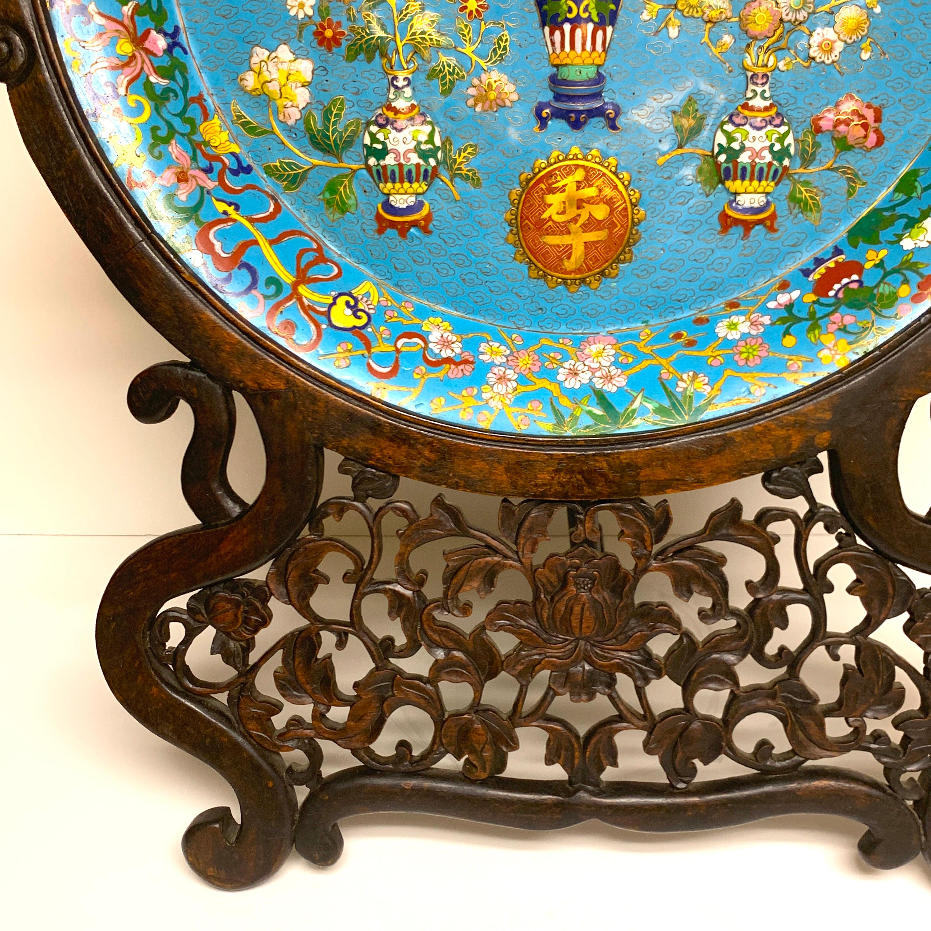 Chinese Exquisite Ming Style Cloisonné Charger and Stand