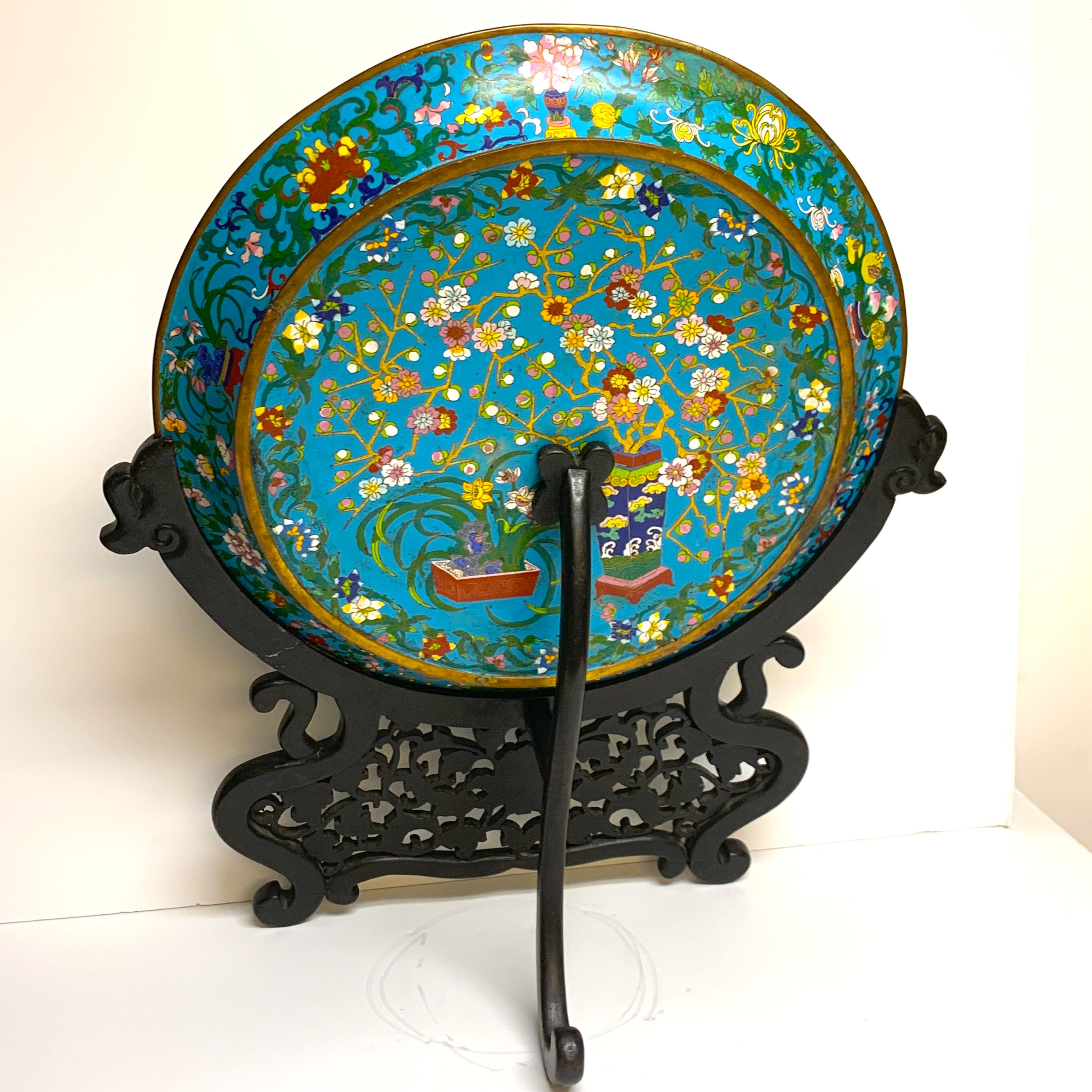 Carved Exquisite Ming Style Cloisonné Charger and Stand