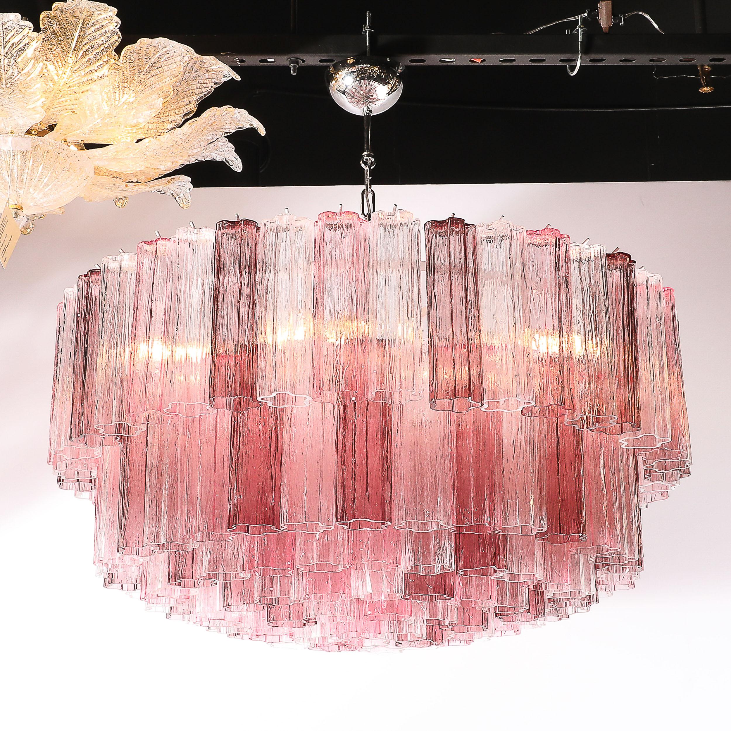 Italian Exquisite Modernist Hand-Blown Mixed Fuschia Murano Glass Tronchi Chandelier For Sale