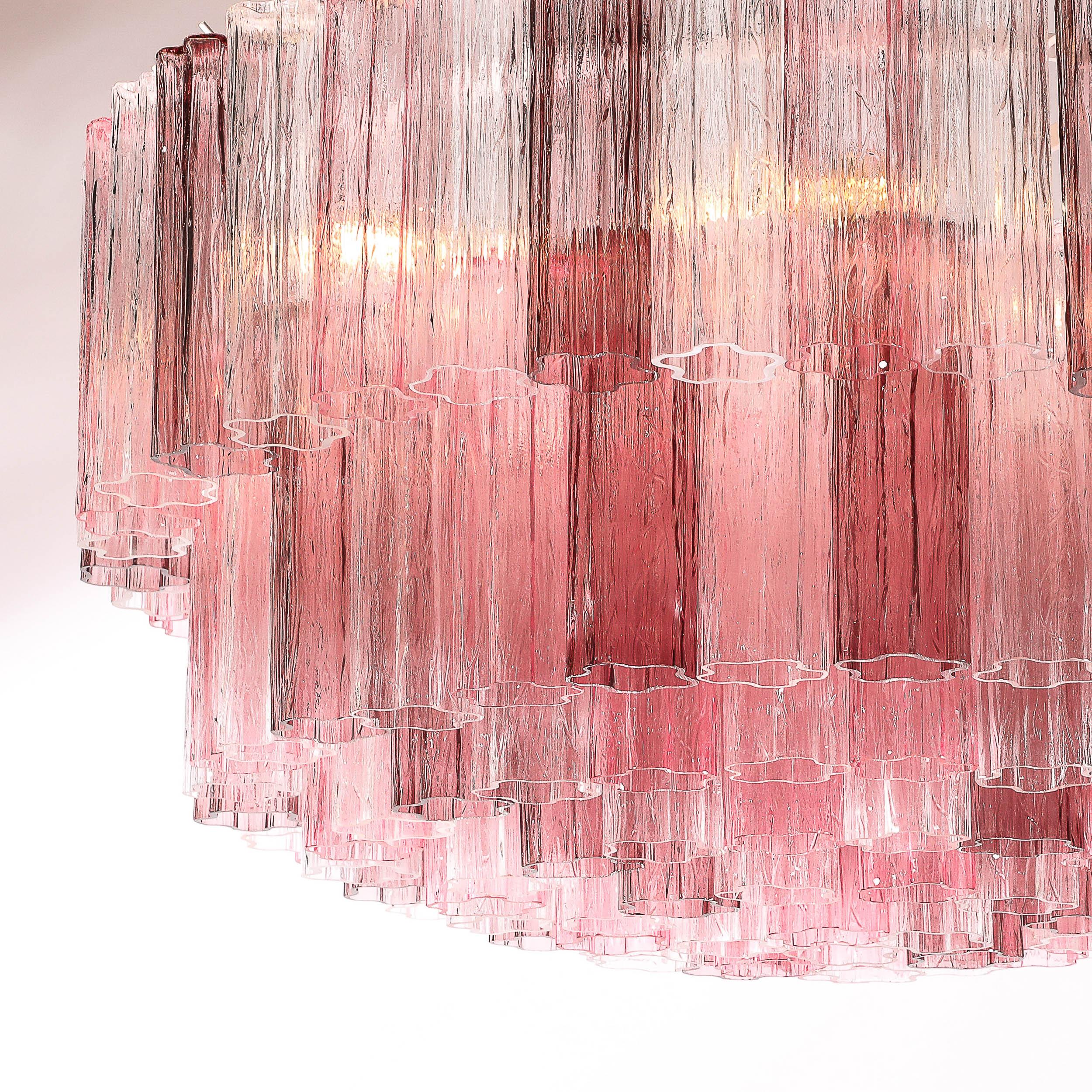 Exquisite Modernist Hand-Blown Mixed Fuschia Murano Glass Tronchi Chandelier In Excellent Condition For Sale In New York, NY