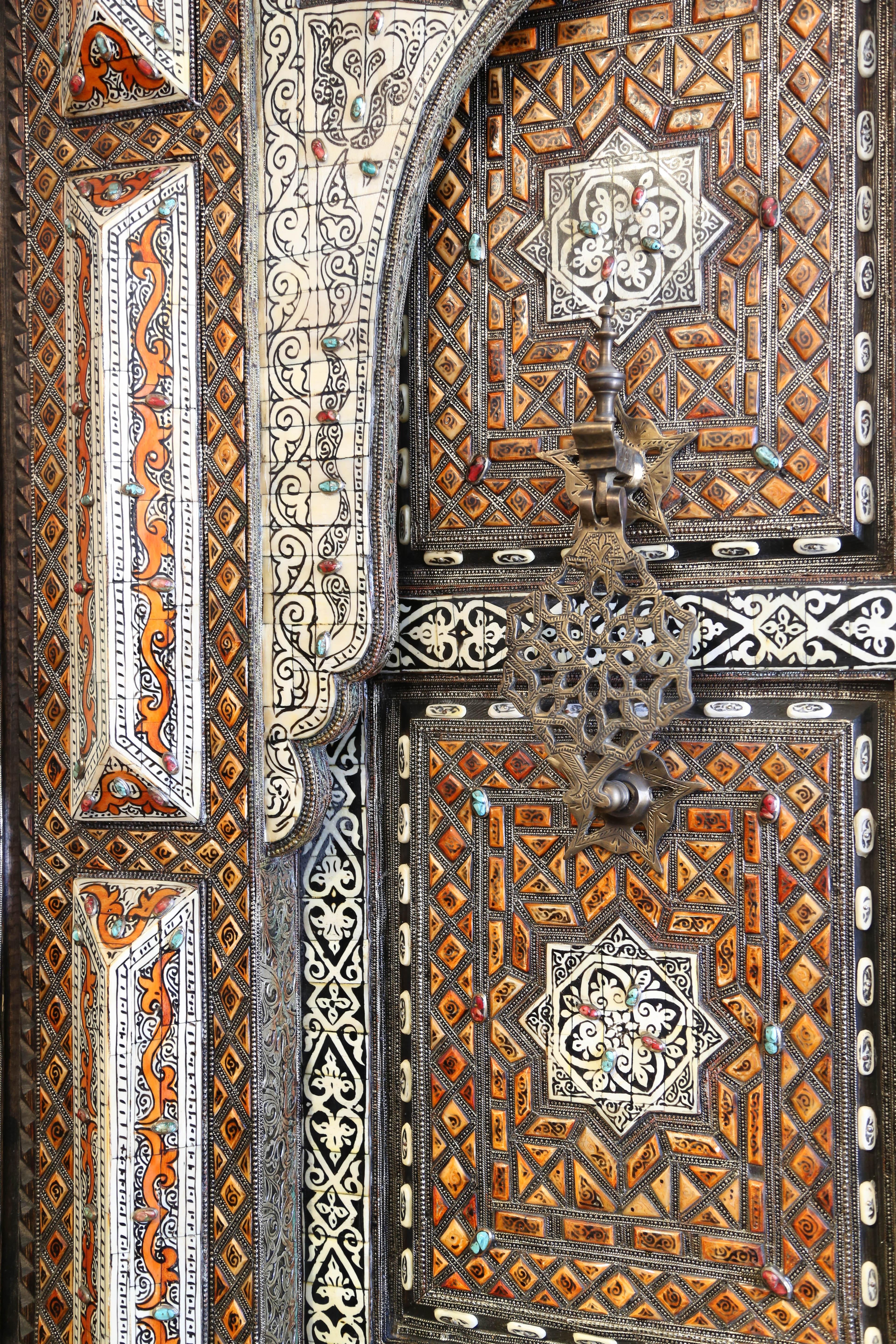 20th Century Exquisite Moroccan Palace Door with Camel Bone and Semi Precious Stones For Sale
