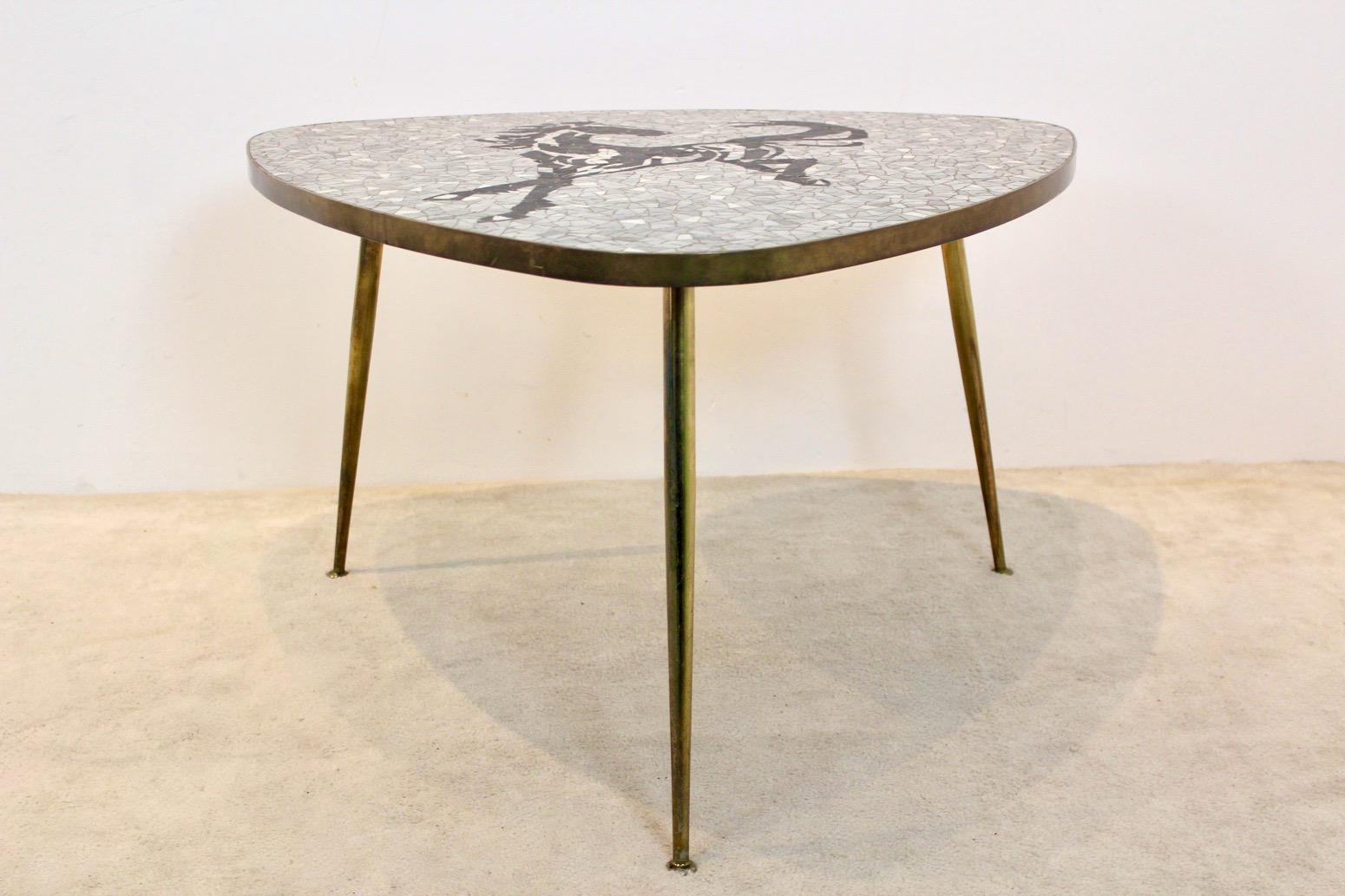German Exquisite Mosaic and Brass Coffee or Side Table by Berthold Müller, 1960s For Sale
