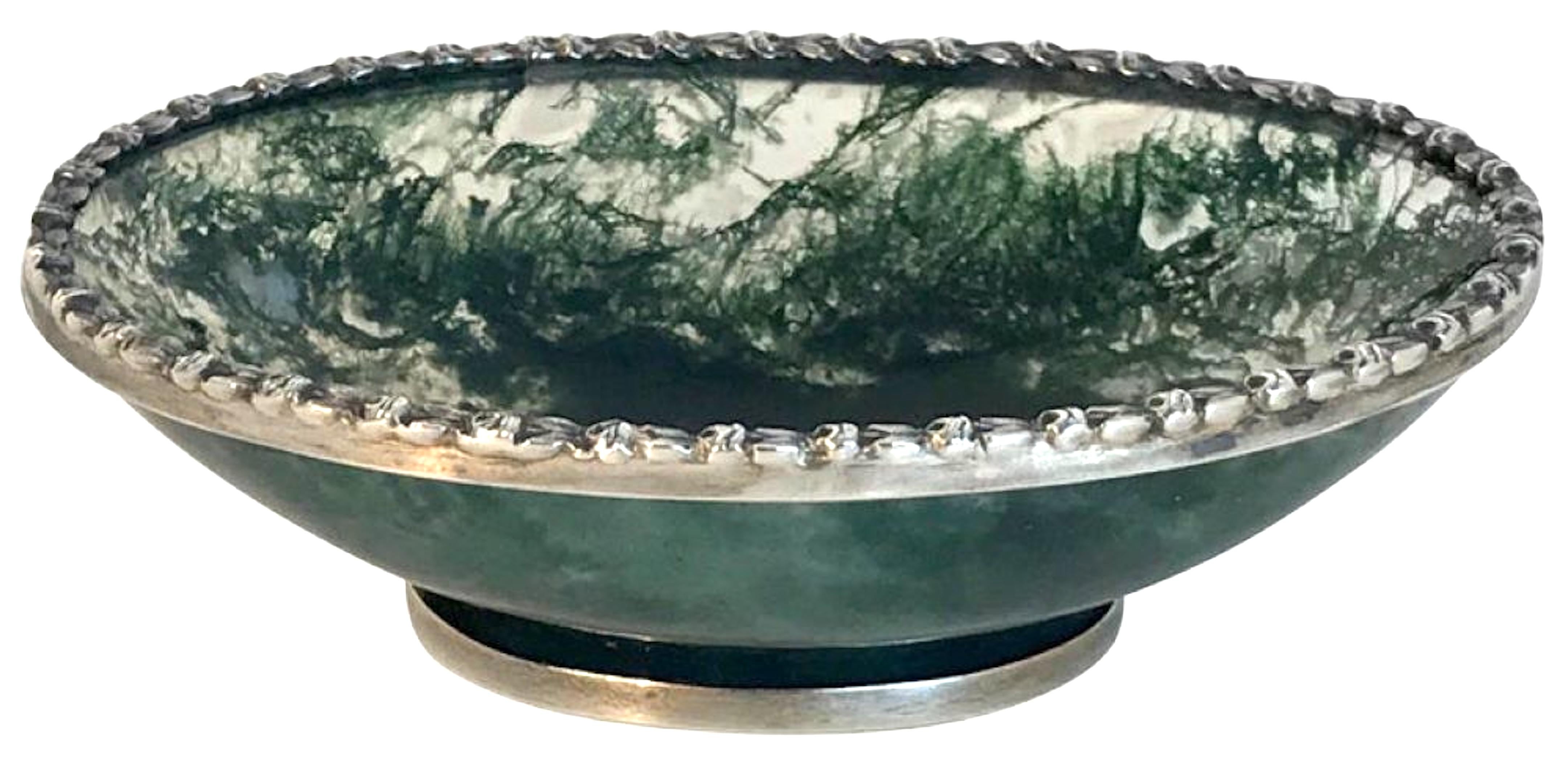 Neoclassical Exquisite Moss Agate Pedestal Bowl with Silver Mounts, Unmarked, Early 20th C. For Sale