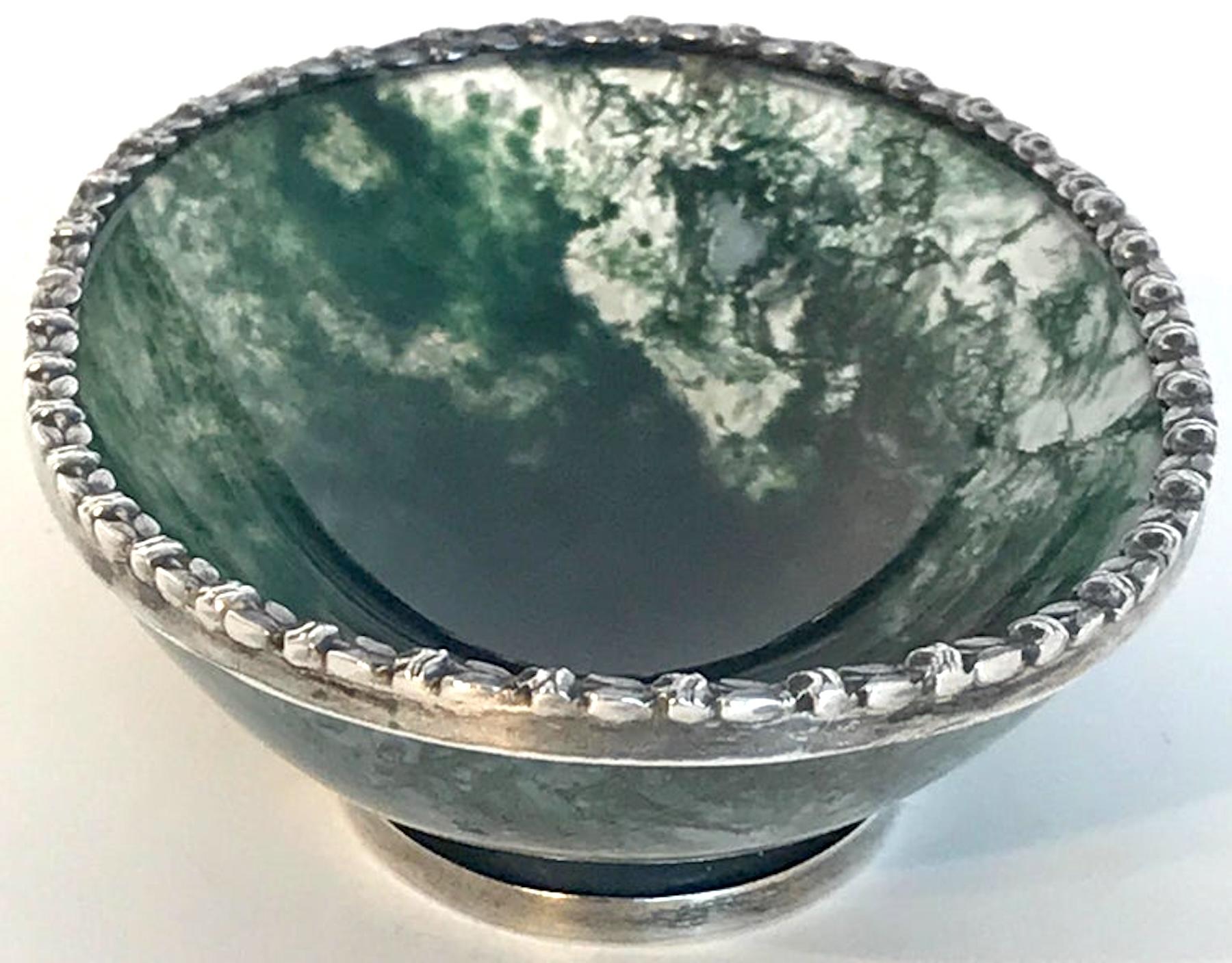 Sterling Silver Exquisite Moss Agate Pedestal Bowl with Silver Mounts, Unmarked, Early 20th C. For Sale