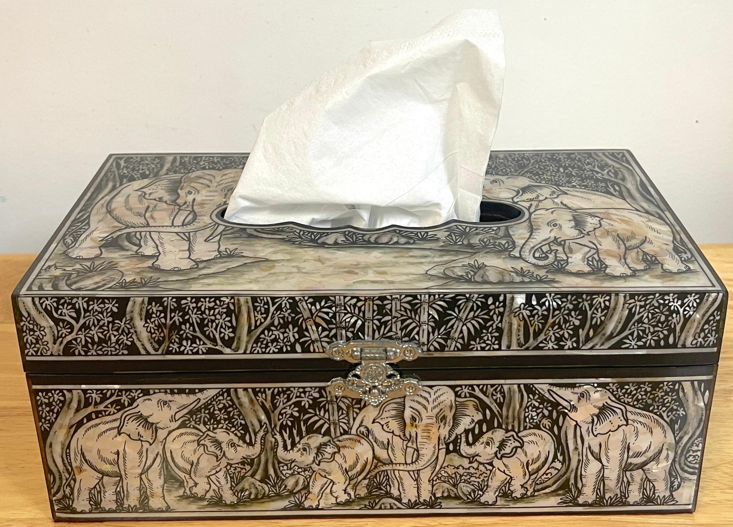 Exquisite Mother of Pearl Inlaid Lacquer Elephant Motif Tissue Box For Sale 1