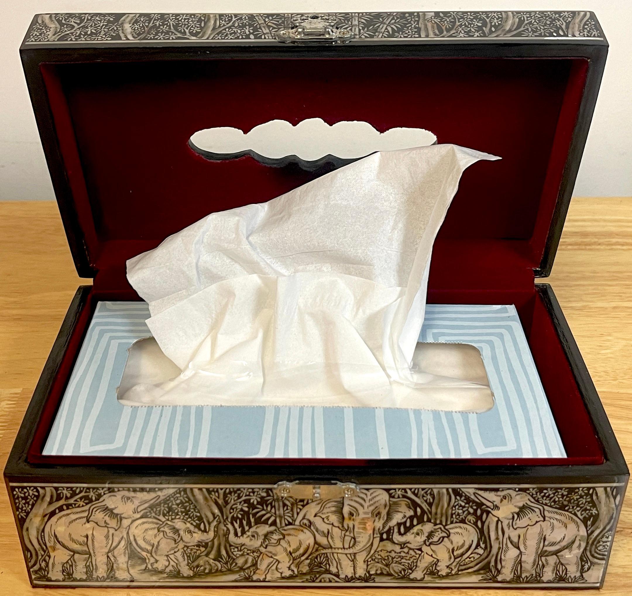 Exquisite Mother of Pearl Inlaid Lacquer Elephant Motif Tissue Box For Sale 2