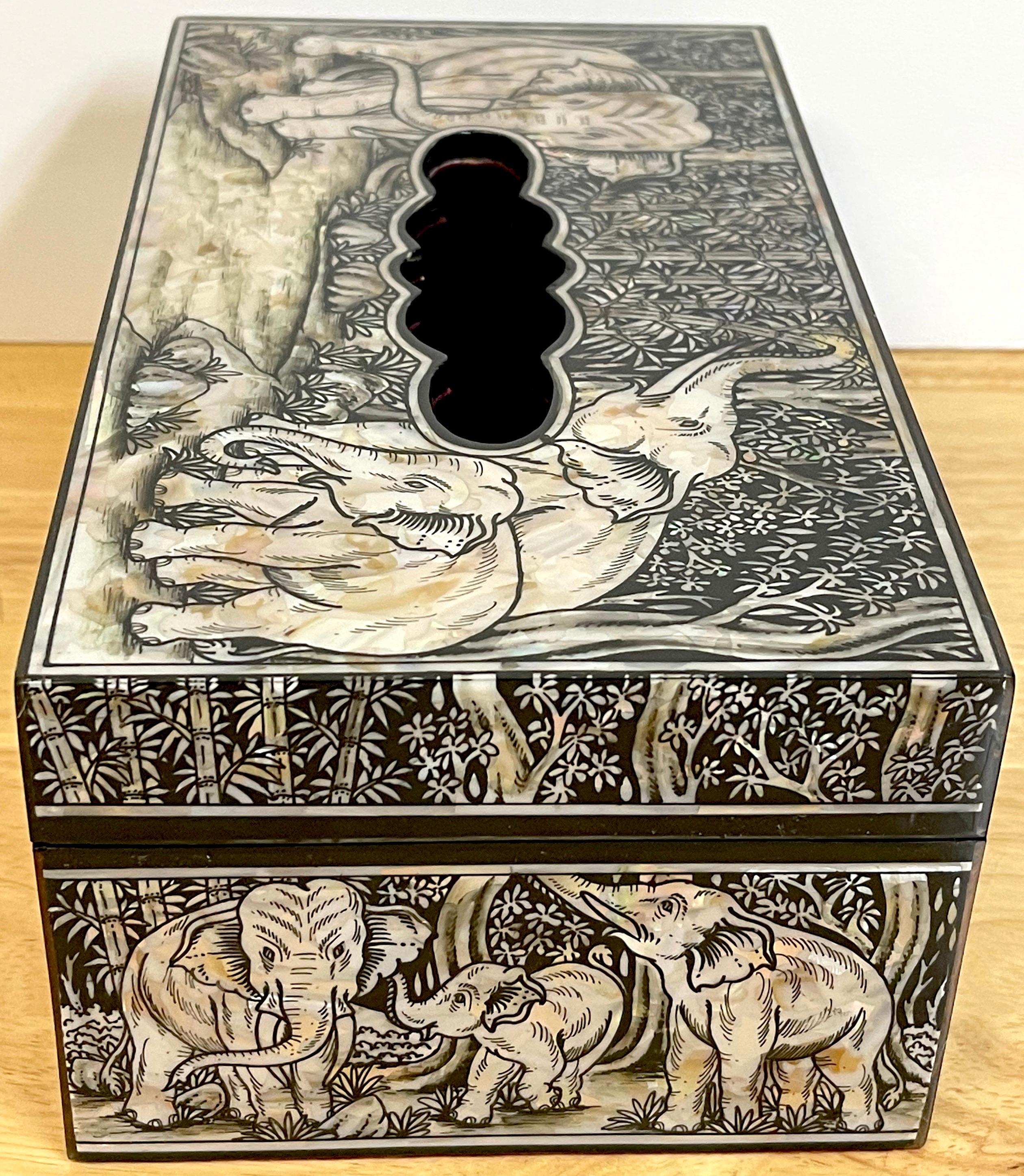 Exquisite Mother of Pearl Inlaid Lacquer Elephant Motif Tissue Box In Good Condition For Sale In West Palm Beach, FL