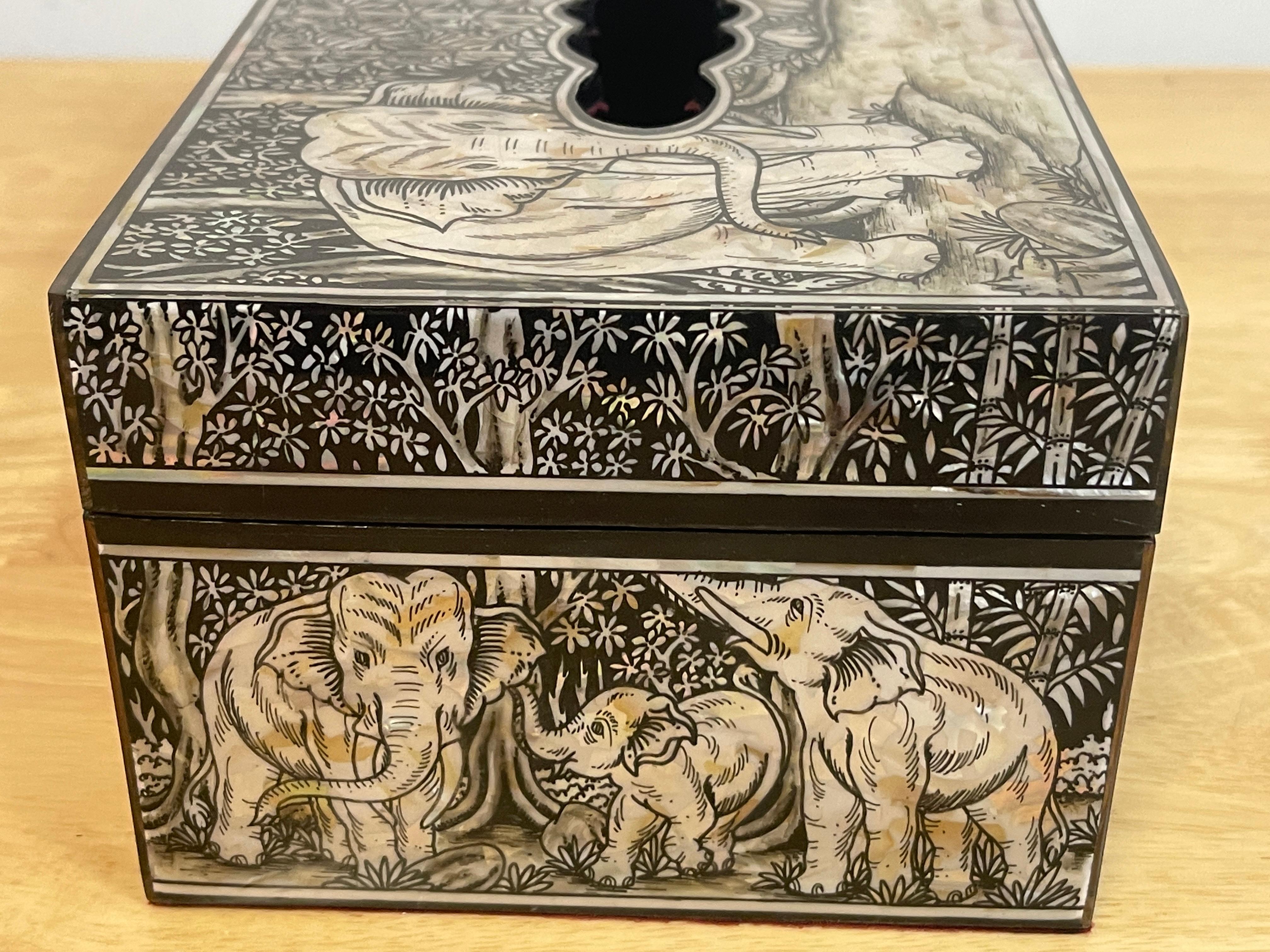 20th Century Exquisite Mother of Pearl Inlaid Lacquer Elephant Motif Tissue Box For Sale