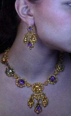 Exquisite Multi Gemstone High Karat Gold Necklace and Earrings c. 1820