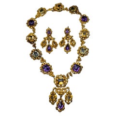 Exquisite Multi Gemstone High Karat Gold Necklace and Earrings c. 1820