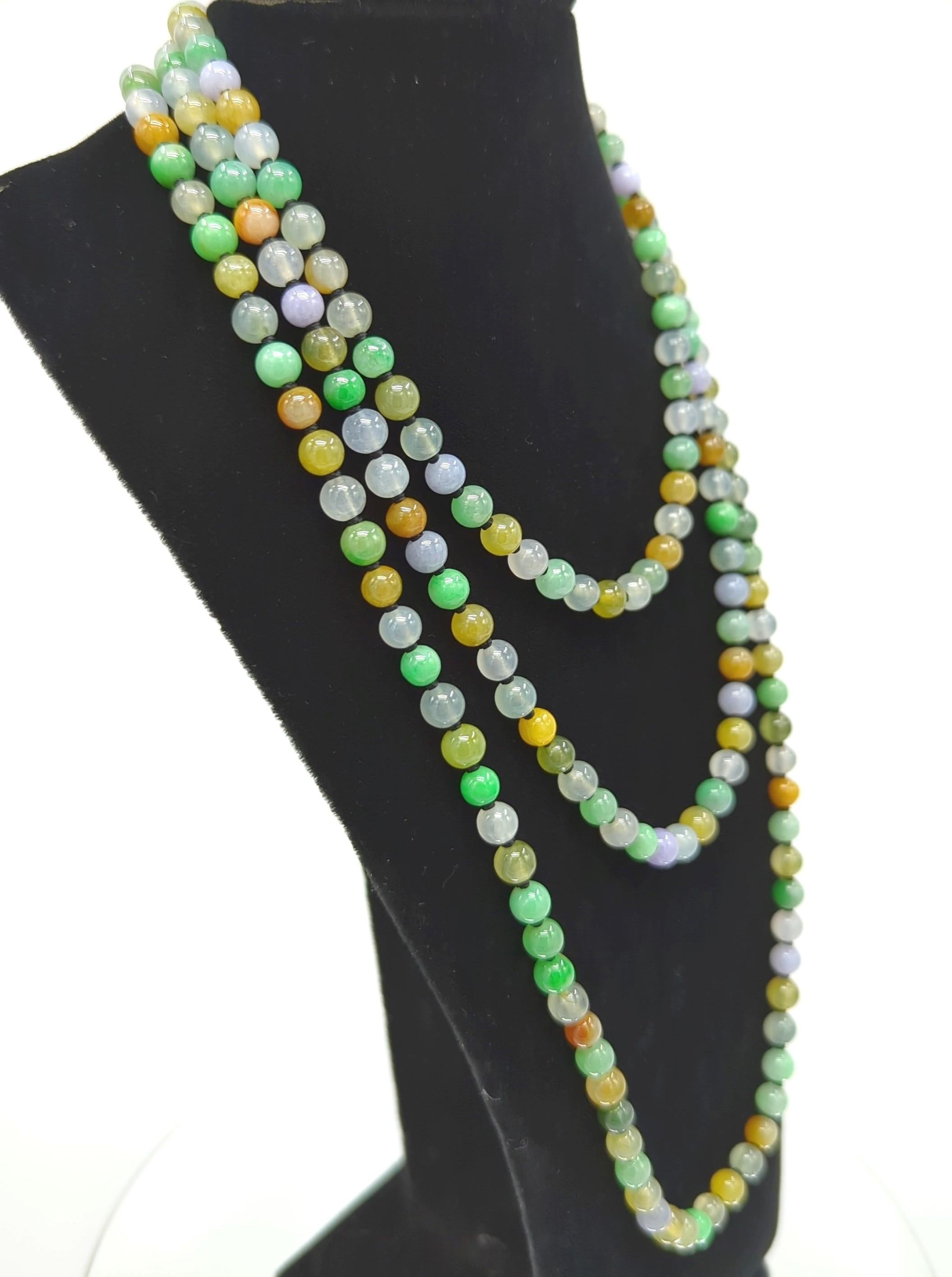 Exquisite Multicolor Icy Jadeite A-Grade 200 Beads Necklace Very Long Strand 52" For Sale