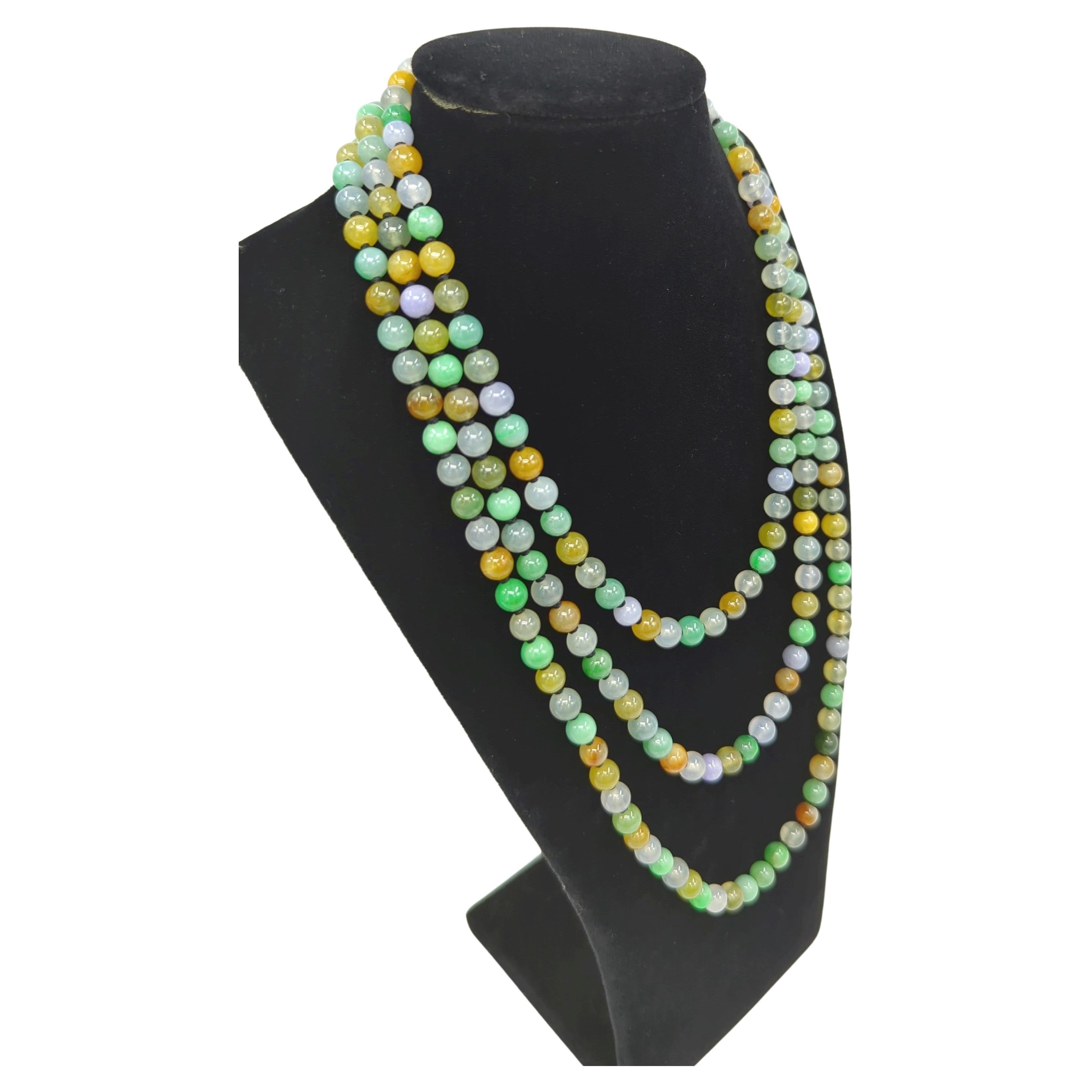 Artisan Exquisite Multicolor Icy Jadeite A-Grade 200 Beads Necklace Very Long Strand 52