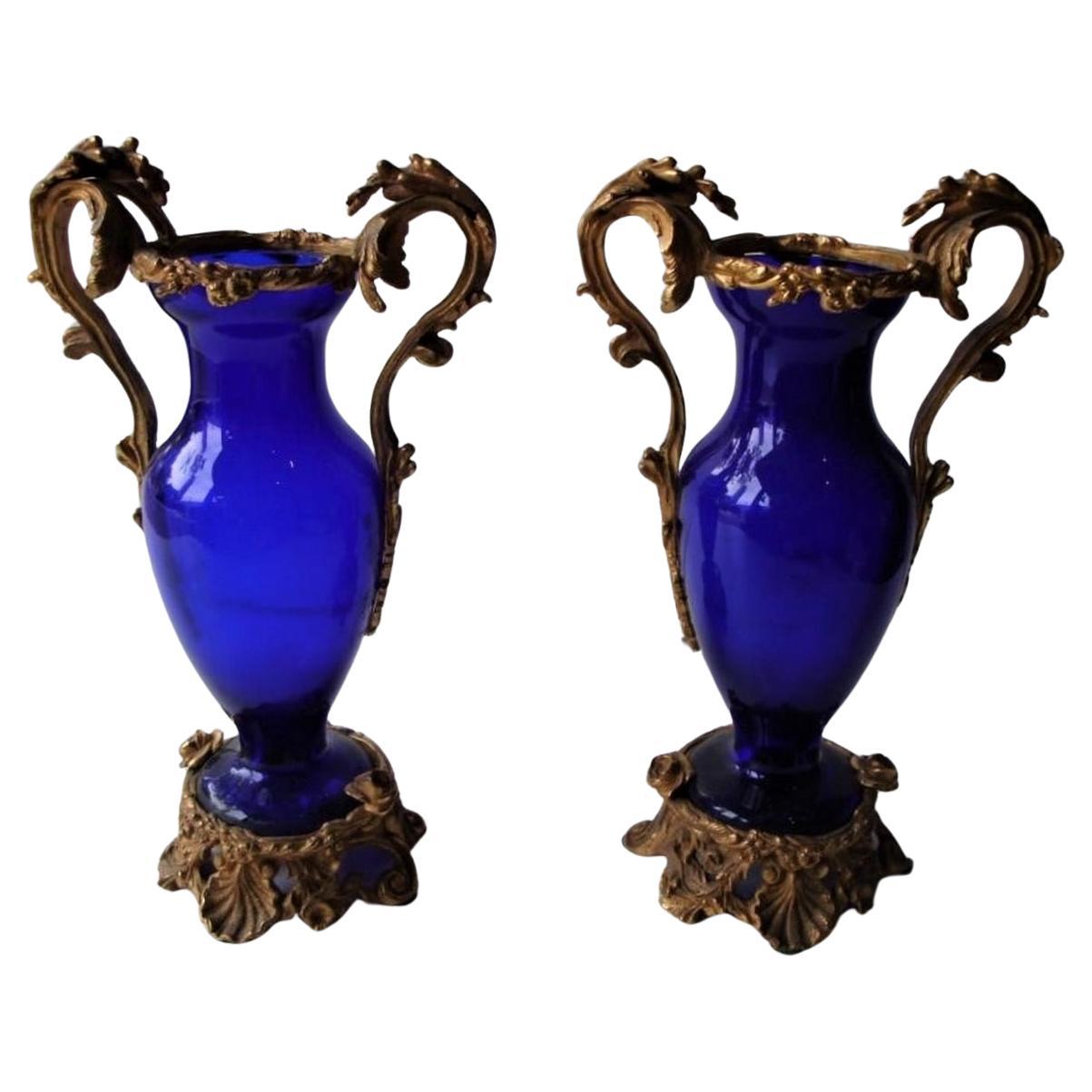  Exquisite Museum Quality Pair of 19th Century Neo Classical Blue Bronze Urns For Sale