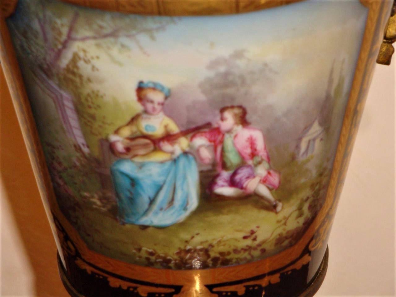 Women's or Men's  Exquisite Museum Quality Pair Sevres Porcelain Cobalt Blue Bronze Vases Urns  For Sale