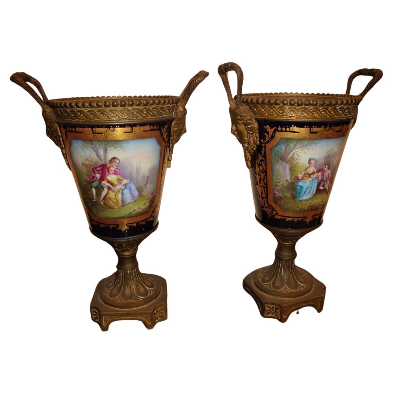  Exquisite Museum Quality Pair Sevres Porcelain Cobalt Blue Bronze Vases Urns  For Sale