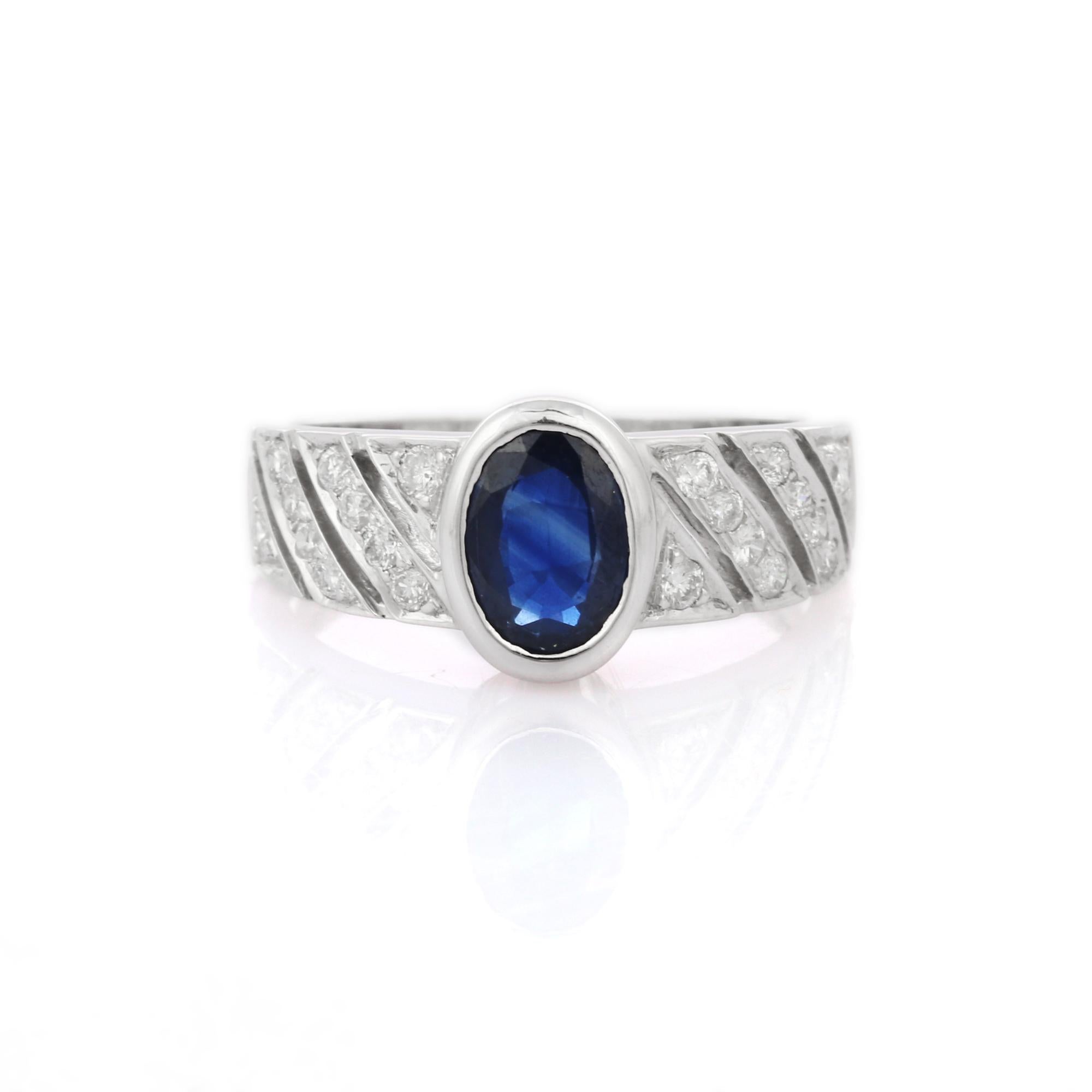 For Sale:  Exquisite Deep Blue Sapphire Diamond Unisex Engagement Ring in 18k White Gold 9