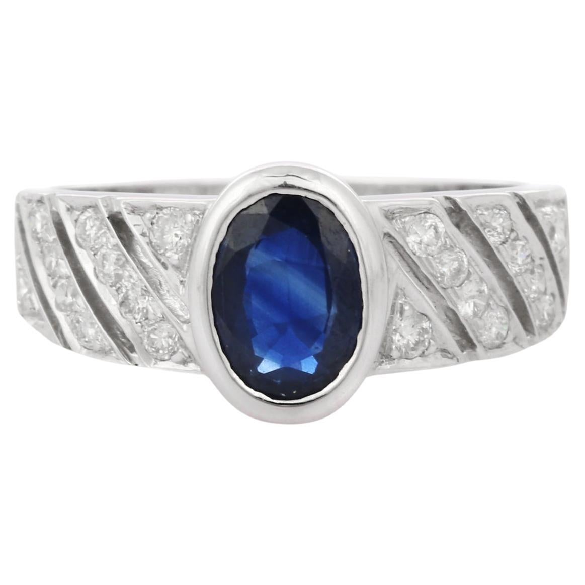 Exquisite Deep Blue Sapphire Diamond Unisex Engagement Ring in 18k White Gold