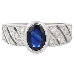 Exquisite Deep Blue Sapphire Diamond Engagement Ring in 18K White Gold